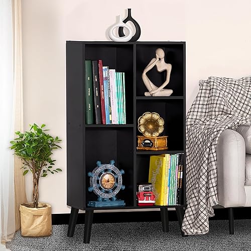 Miniatura 6 de YAHARBO Estantería de 5 cubos, estante azul para libros para niños con almacenamiento de cubículos, estantería moderna de madera con patas, estuche