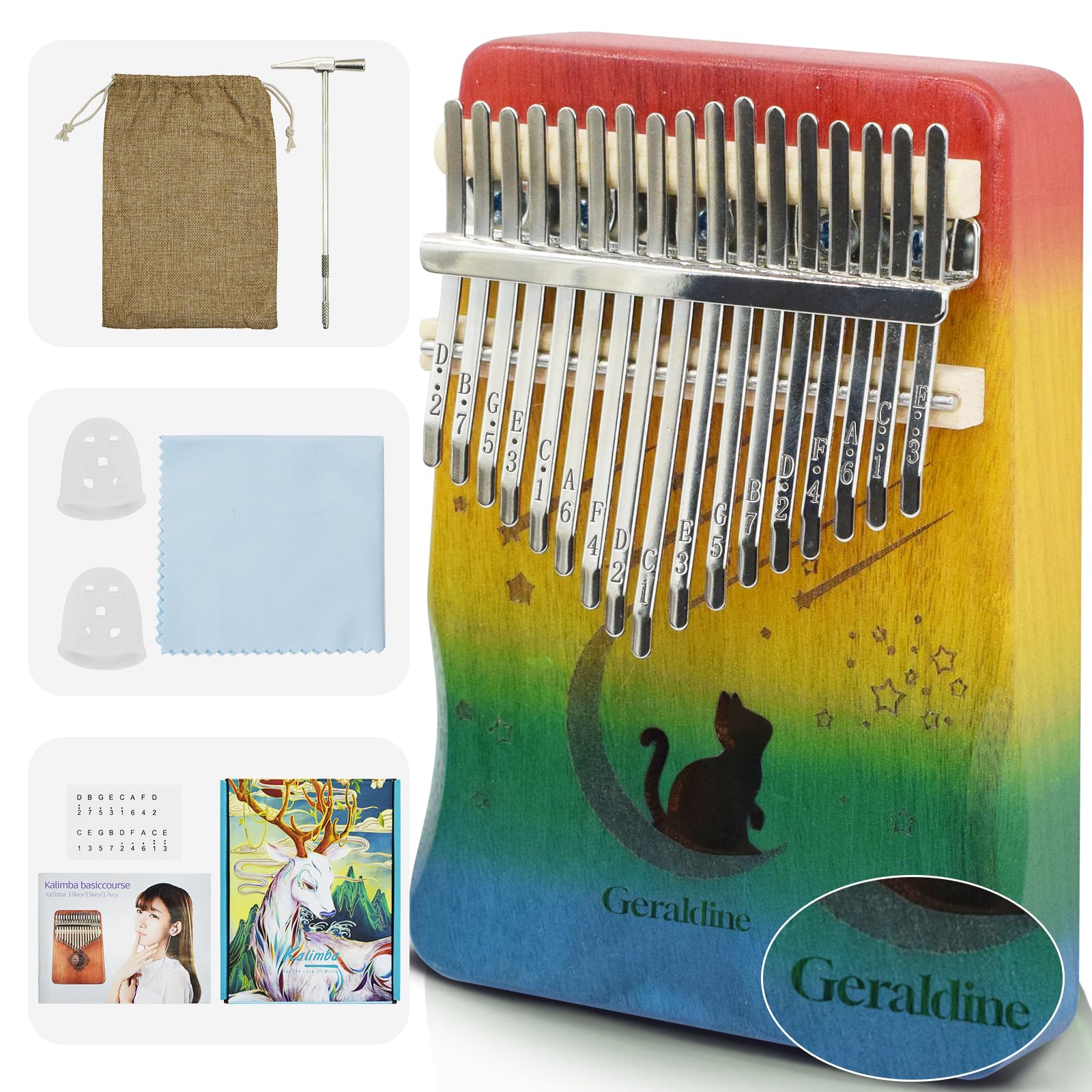 17 Key Kalimba Thumb Piano - Personalized with Your Name &amp; Sweet Words, Engravable Finger Piano, Perfect Musical for Birthdays &amp; Holidays-Moon Cat-E-2