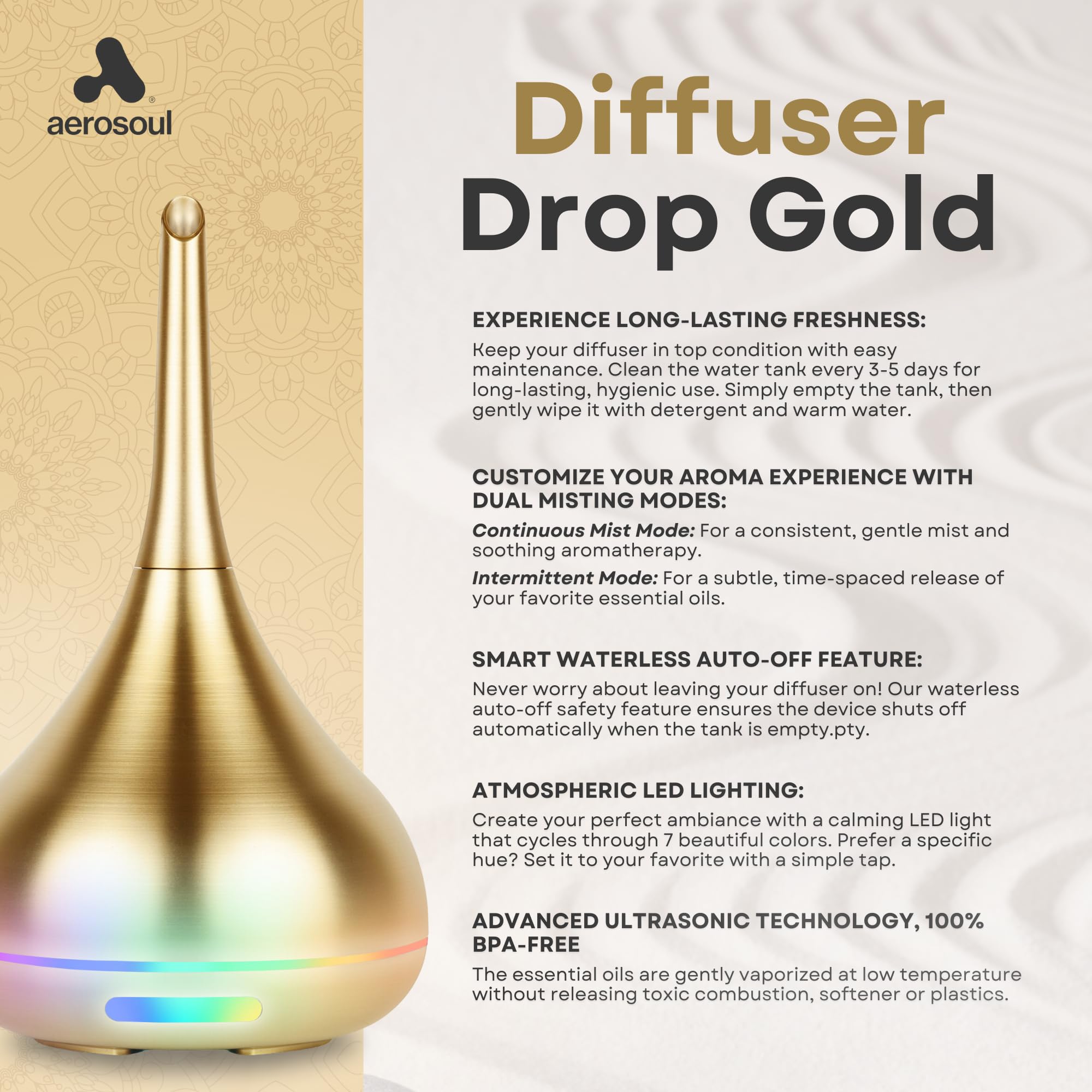 aerosoul® Diffusore Aromi 100 ml per Oli Essenziali LED 6 h Oro