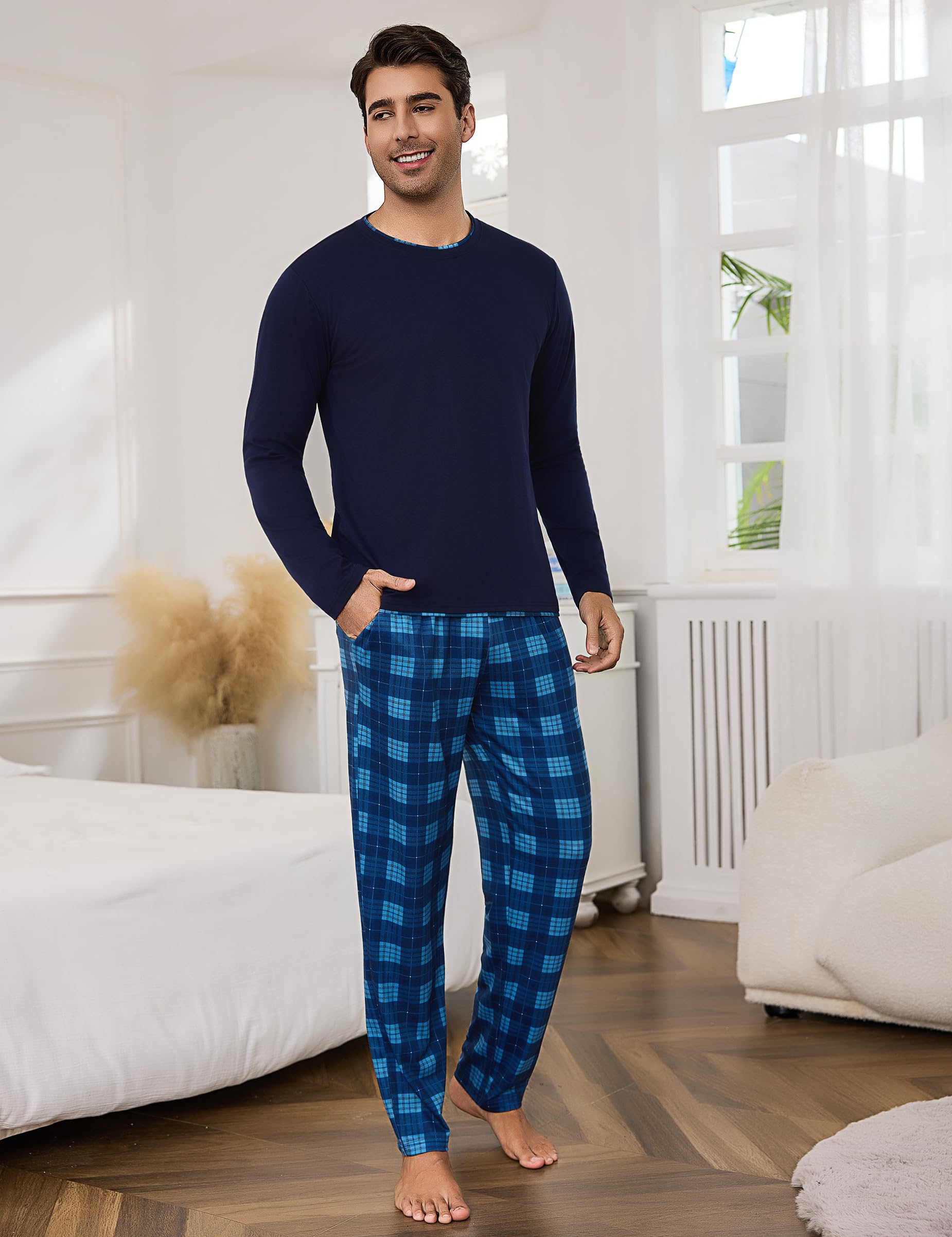 Litherday Pigiama Uomo Invernale Cotone Lungo Pajamas Due Pezzi Maniche Lunghe Pantaloni Lunghi Pigiami Morbido Loungewear con Tasche