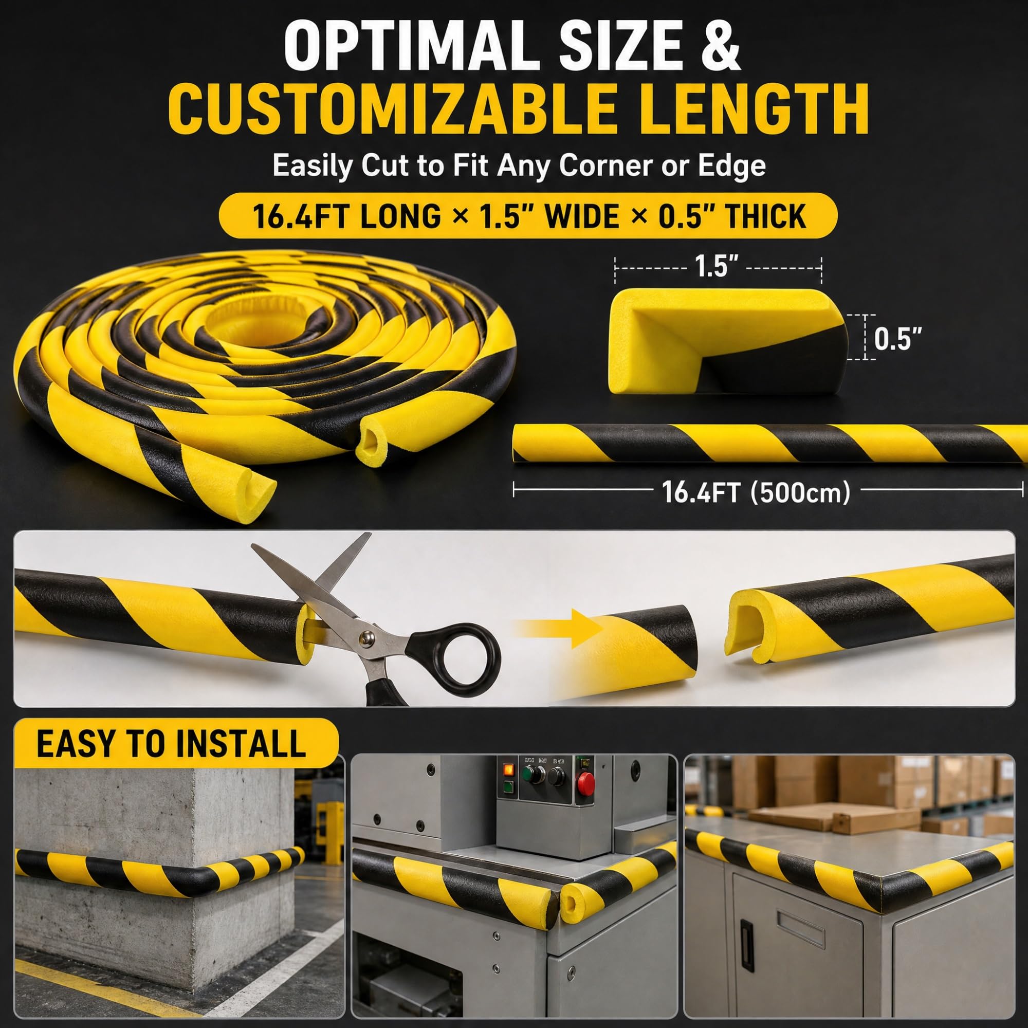 Protector Esquinas Pared Espuma Industrial, Pack de 4 Tiras Amortiguadoras 500cm Negro Amarillo, Protector Mural Autoadhesivo para Columnas y Garaje