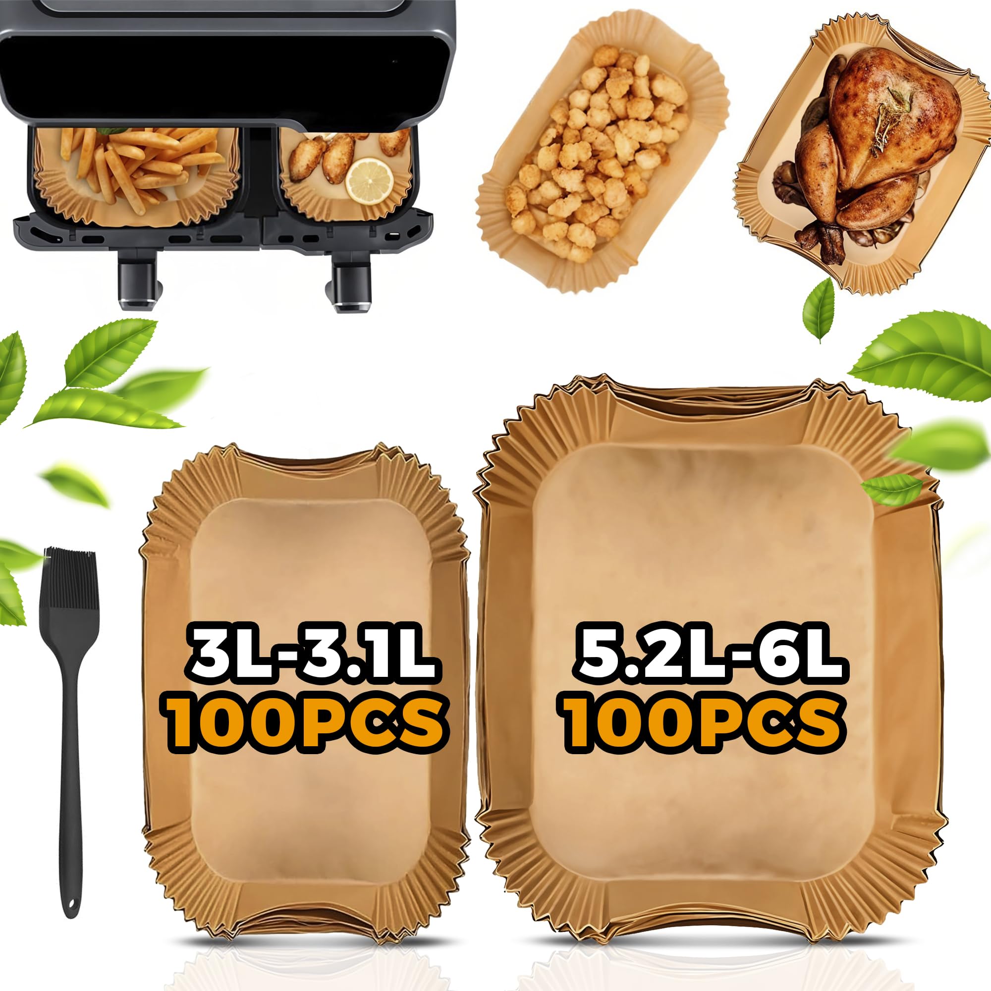 Pietuley 200PCS Air Fryer Liners for Philips Dual Air Fryer 3000 Series 3L & 6L, Dual Air Fryer Accessories for Tefal 5.2L & 3.1L, Disposable Paper Liners for Cookwise 3L & 6L / Philips NA350/00 9L