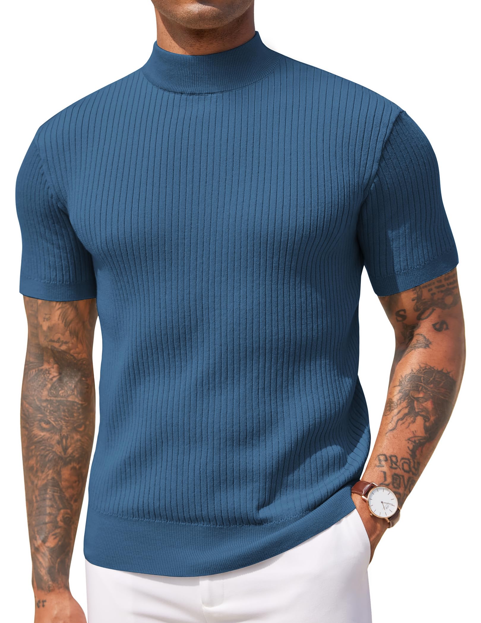 COOFANDY T Shirts Herren Strick Shirt mit Stehkragen Männer Pullover Kurzarm Halb Kragen Top