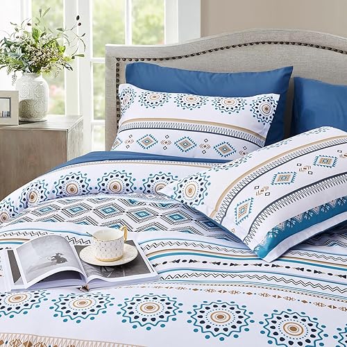 Miniatura 4 de Juego de edredón bohemio tamaño King, juego de cama de 7 piezas en una bolsa, juego de ropa de cama a rayas azules, edredón floral de cachemira y