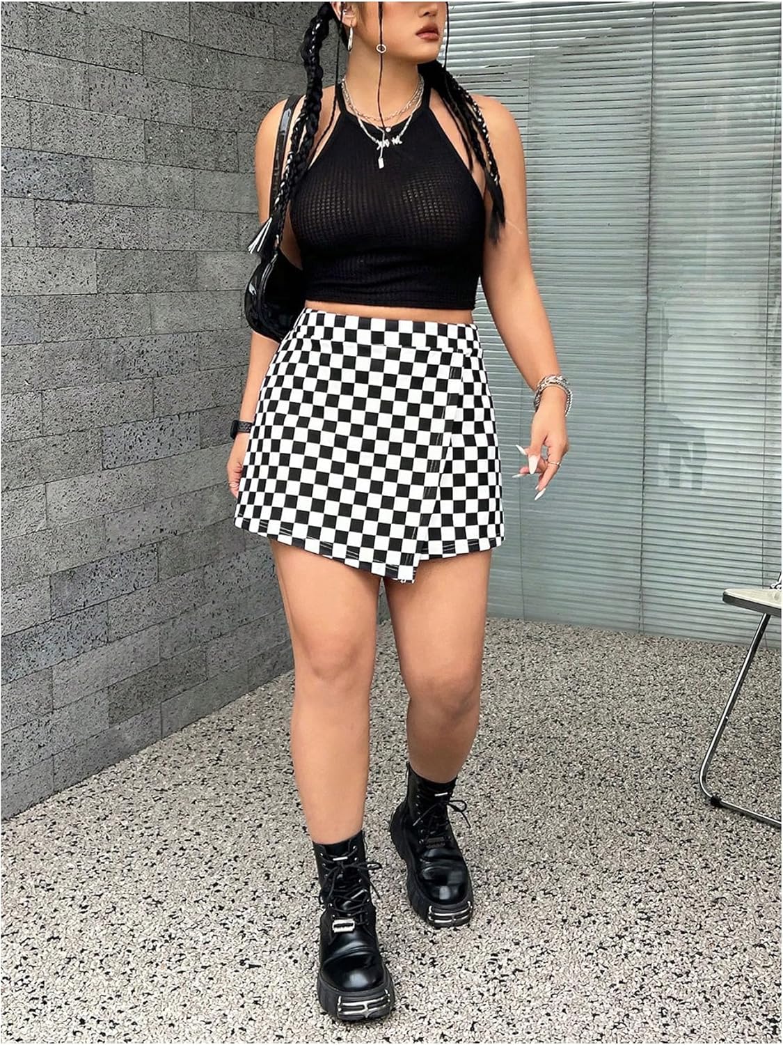 WDIRARA Women's Plus Size Plaid Checkered Skorts Elastic Waist Wrap Asymmetrical Skirt Shorts - Image 6