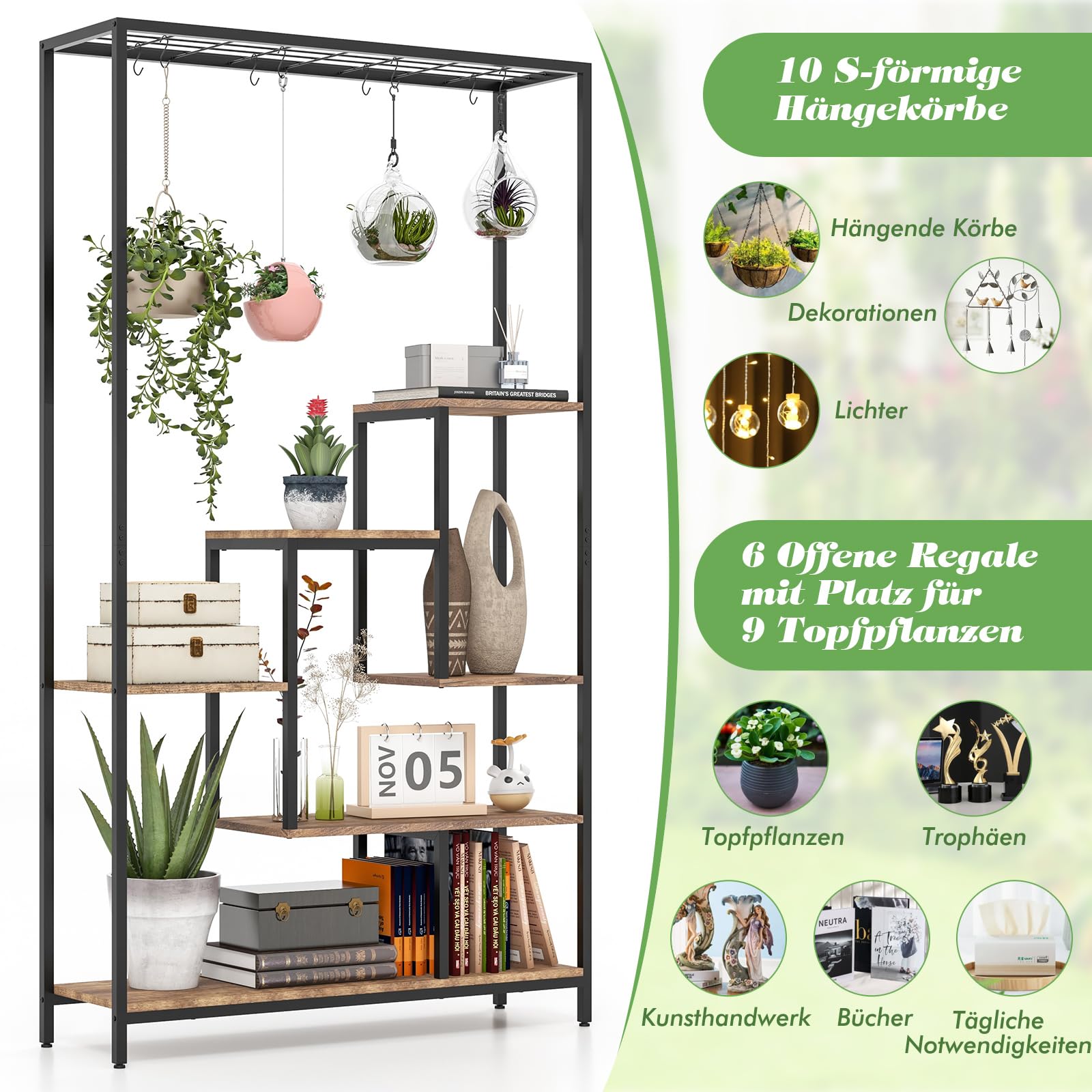 GOPLUS 6 Etagen Pflanzenständer, Pflanzenregal mit Hängeregal & 10 S-Haken, Blumenregal Blumenständer Blumentreppe für Wohnzimmer & Balkon, 100 x 30 x 180 cm (Rustikales Braun)