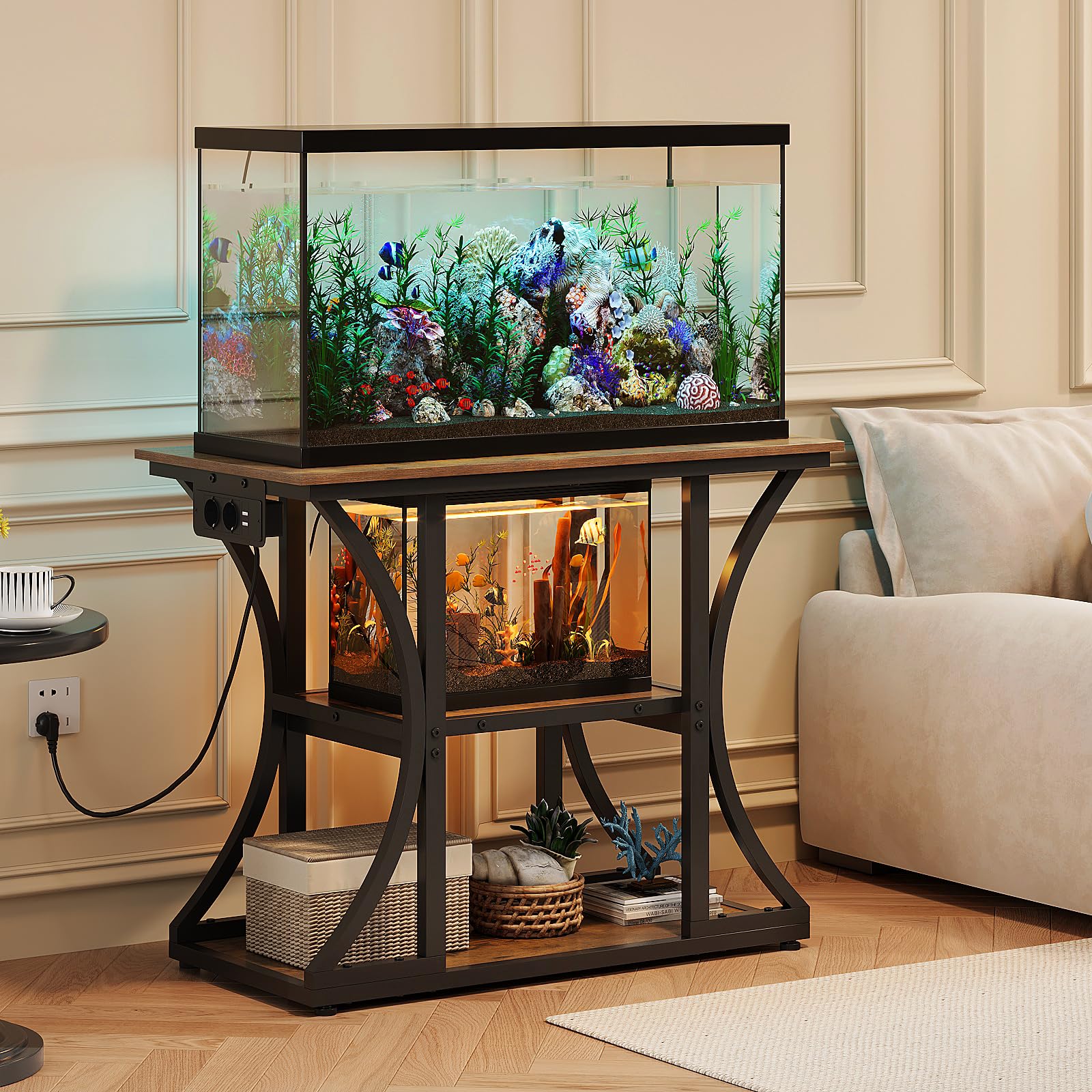 VEDECASA Supporto per acquario da 50 galloni con prese, scaffale rustico per acquario con 3 livelli, cassetto in tessuto per acquari, rettili e terrari, robusto telaio in metallo (marrone)