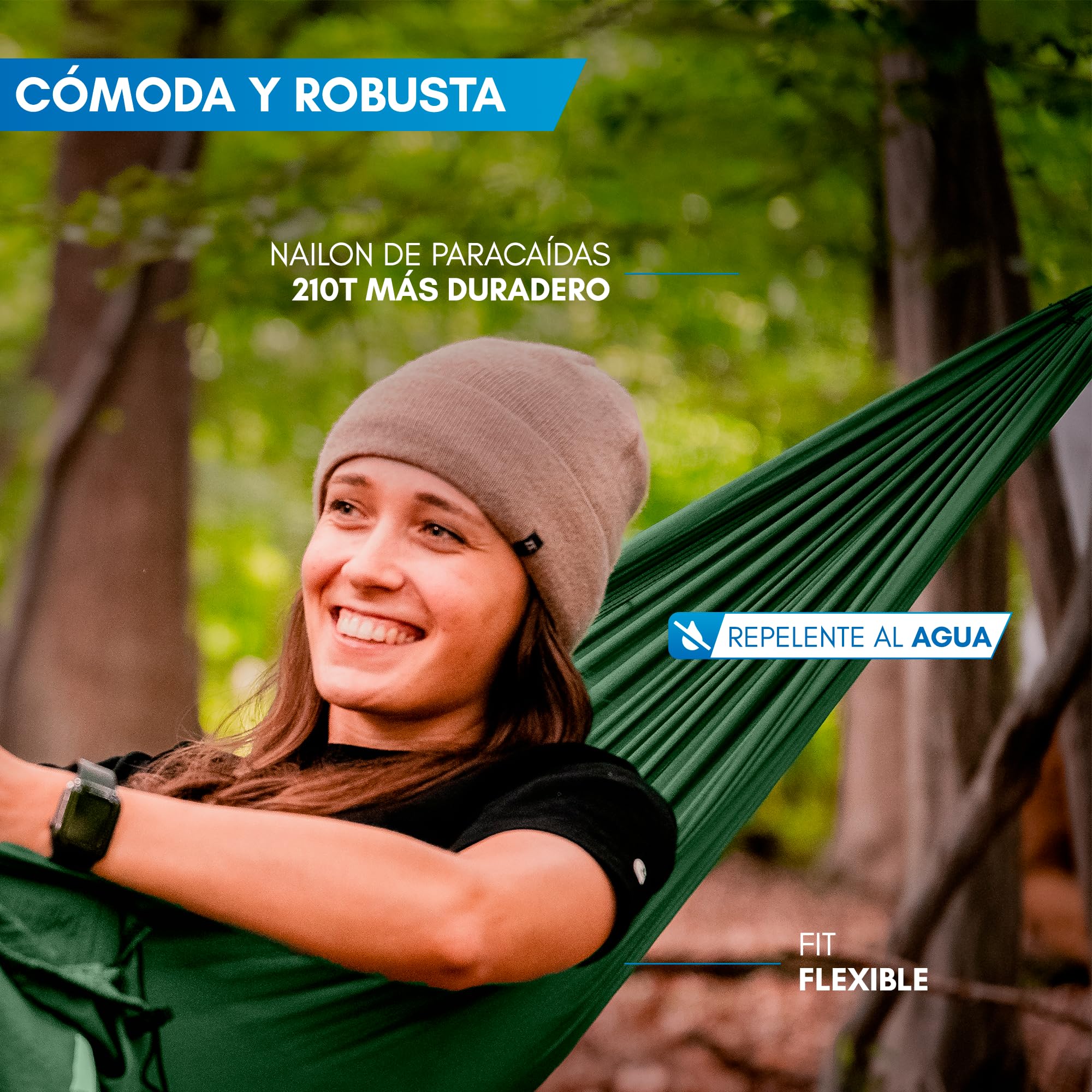 NORDMUT® Hamaca Ultraligera Outdoor [con Kit de Fijación] – Hamaca de Camping con Set de Protección de Árboles para Camping, Outdoor y Jardín – Carga Máxima 300 kg (Verde / 140 x 275 cm)