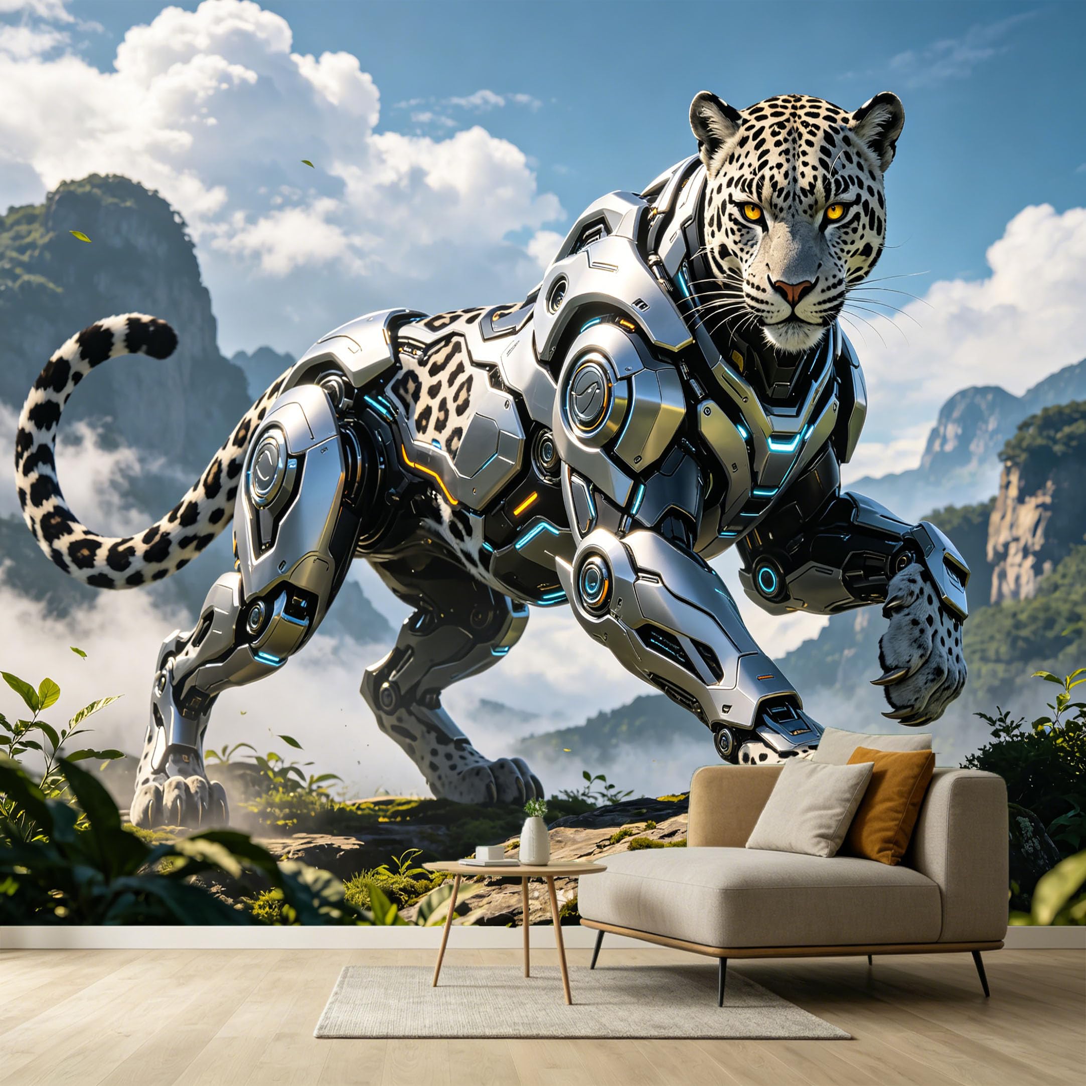 Custom Size Wall Murals Futuristic Leopard 3D Trompe L'Oeil Mechanical Beast Tech Mountain Landscape SelfAdhesive Wall Fabric Removable Large Wallpaper for Living Room