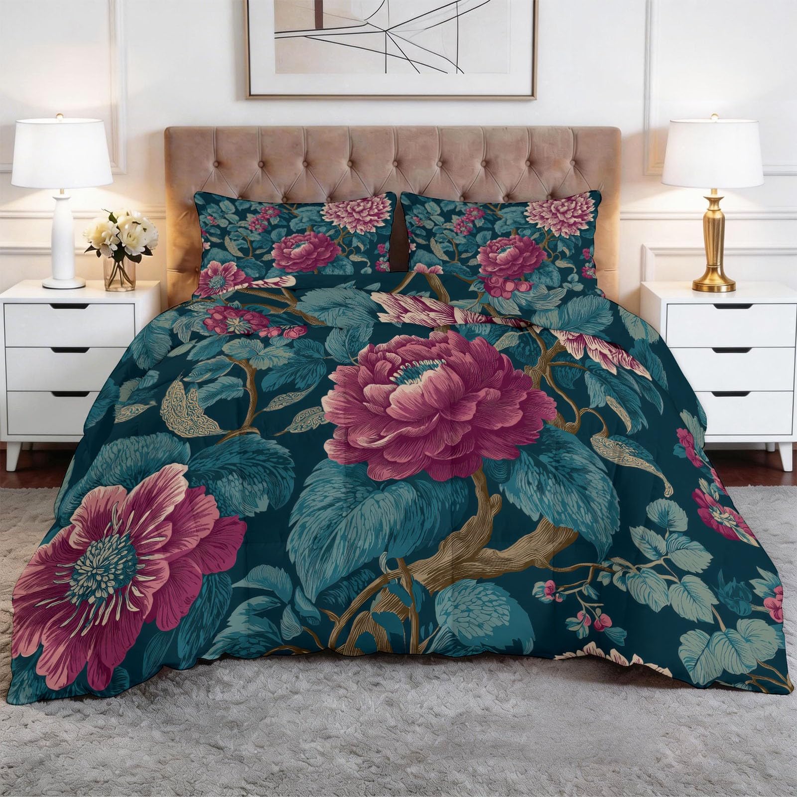 Generico Zimowa kołdra puchowa 140 x 200 cm wiejskie kwiaty winorośl kołdra z pianki 400 g/m², ciepła i elegancka, antyalergiczna i oddychająca pościel 3-częściowy zestaw, niebiesko-zielony