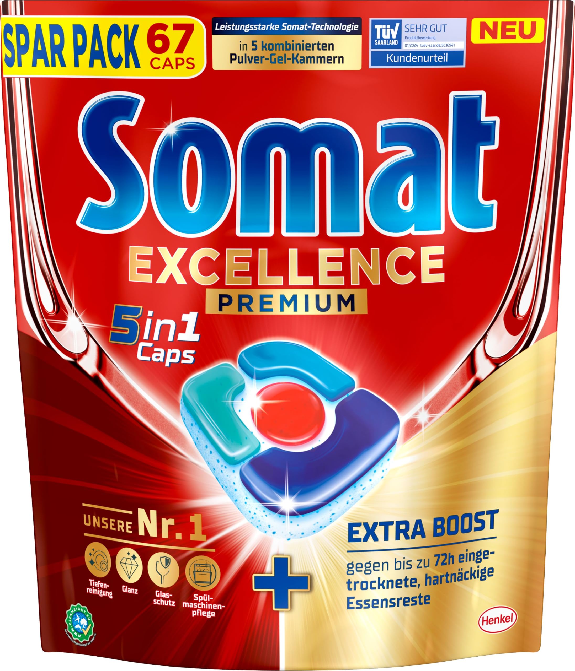 Somat Excellence Premium 5 en 1 Caps, 268 Caps (2 x 134 Caps), pastillas para lavavajillas de liberación rápida con Extra Boost, Somat Caps eliminan incluso 72 h de restos de comida secos y
