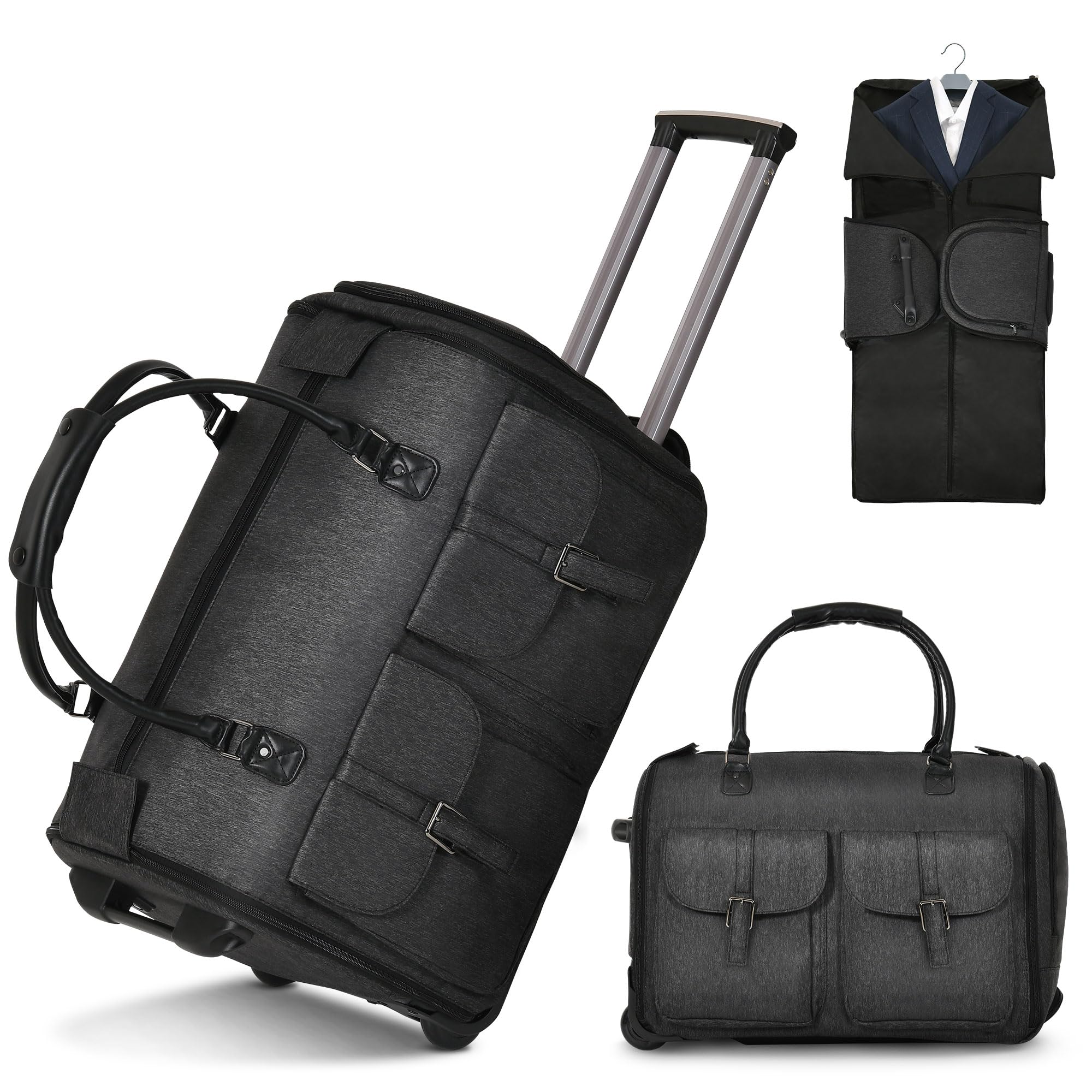 Garment Bags for Travel, 2-in-1 Convertible Rolling Duffle Bag with Wheels, Modern Carry-on Travel Bag for Suits, Foldable Suit Bag, Telescopic Handle