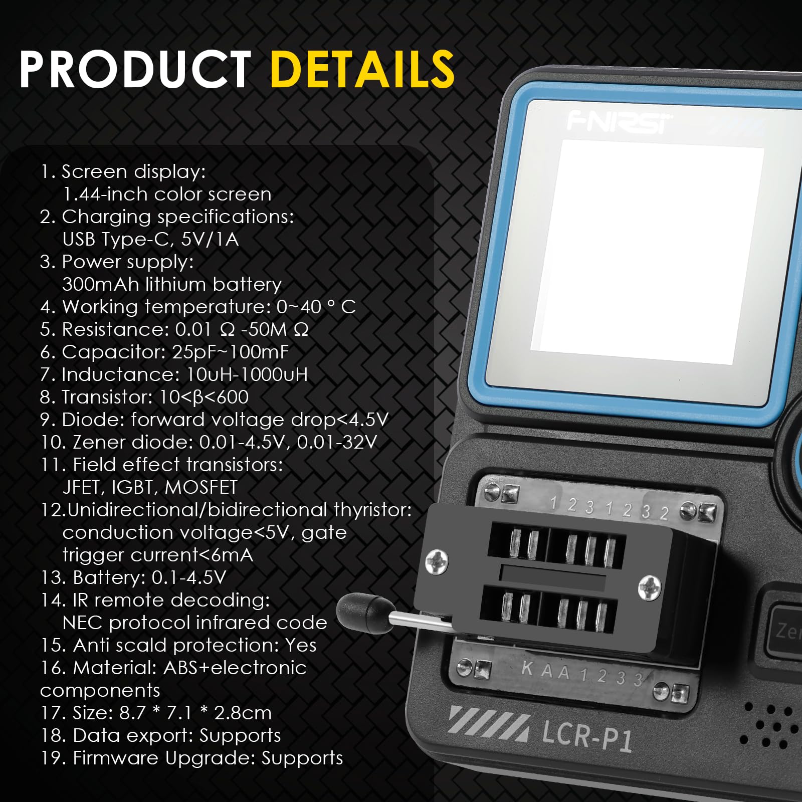 LCR-P1 Transistor Tester Ultra Genau 1,44" Farbbildschirm USB Typ-C Messbaren Bereich von 0,01–32 V Transistor Multifunktionstester 1 Klick Identifizieren LCR Messgerät ESR Unterstützt NRC