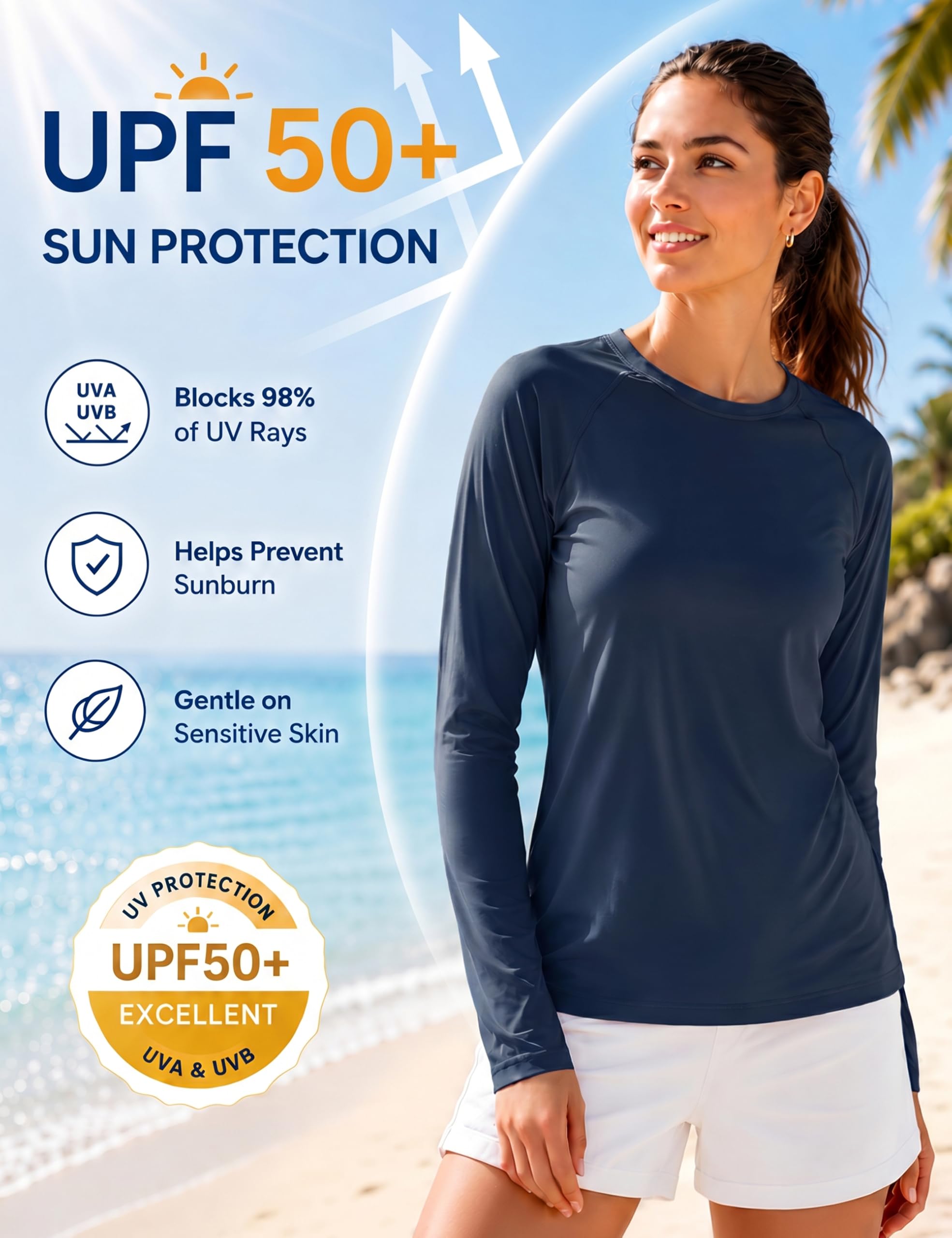 Boladeci Camisetas para el sol para mujer, protección UV UPF 50+, manga larga, protección contra erupciones, secado rápido, ligeras, para entrenamiento, natación, camisetas