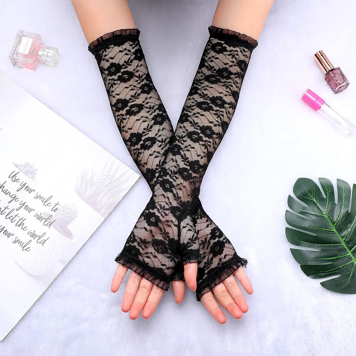 Geyoga Lace Costumes for Women 80s Cosplay Halloween Black Lace Gloves Headband Thigh-high Stocking Earrings Pendent Necklace Flannel Choker Accessories Set for 90s party - Image 3