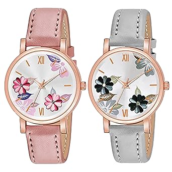 NESTER Flowered Dial Leather Strap for Girls and Women Analog Combo Watch