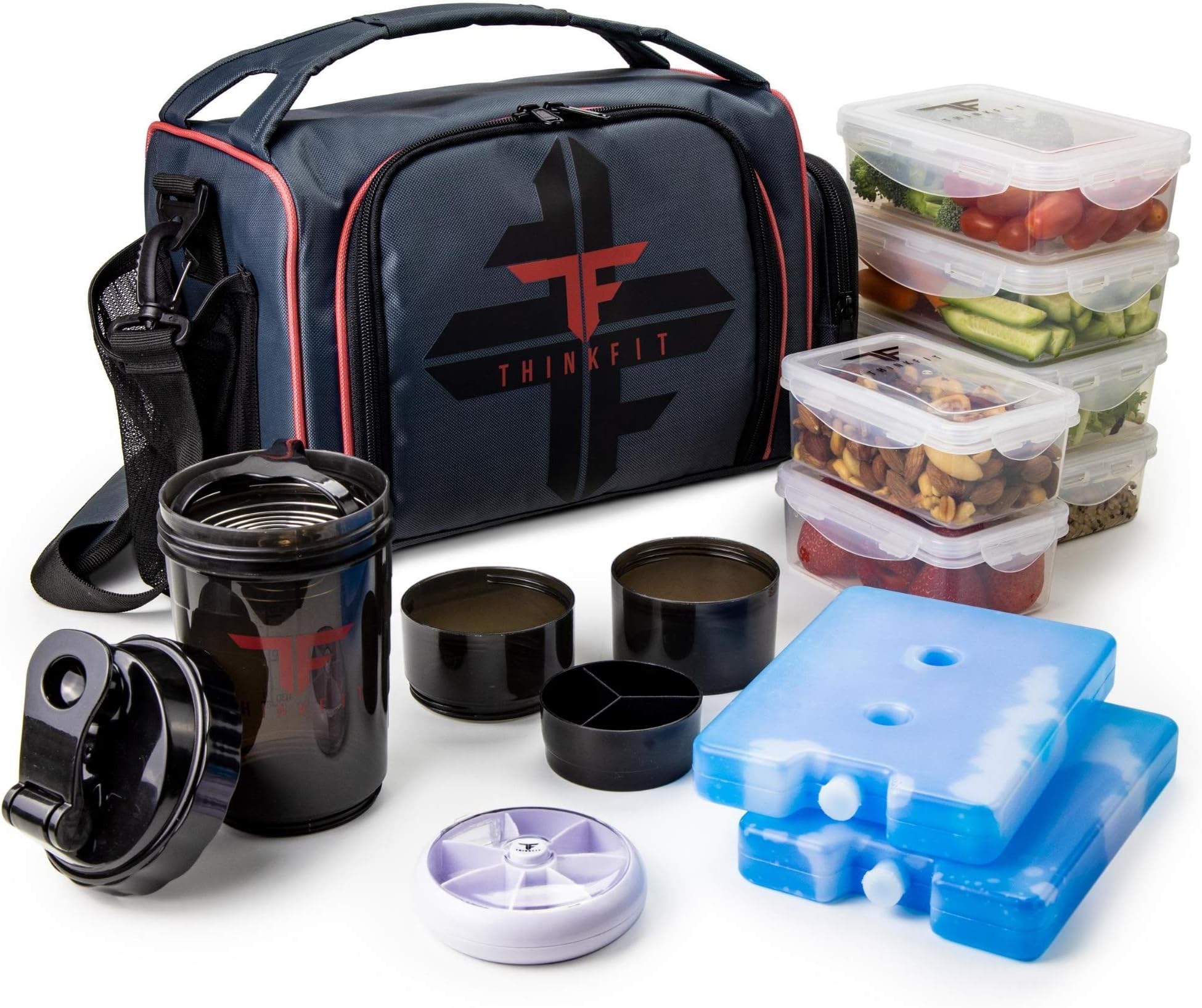 Insulated Meal Prep Lunch Bag | 6 Portion Control Containers | BPA-Free | Reusable | Microwavable | Freezer Safe | Protein Shaker Bottle | Pill Box | Shoulder Strap & Storage Pocket | Red