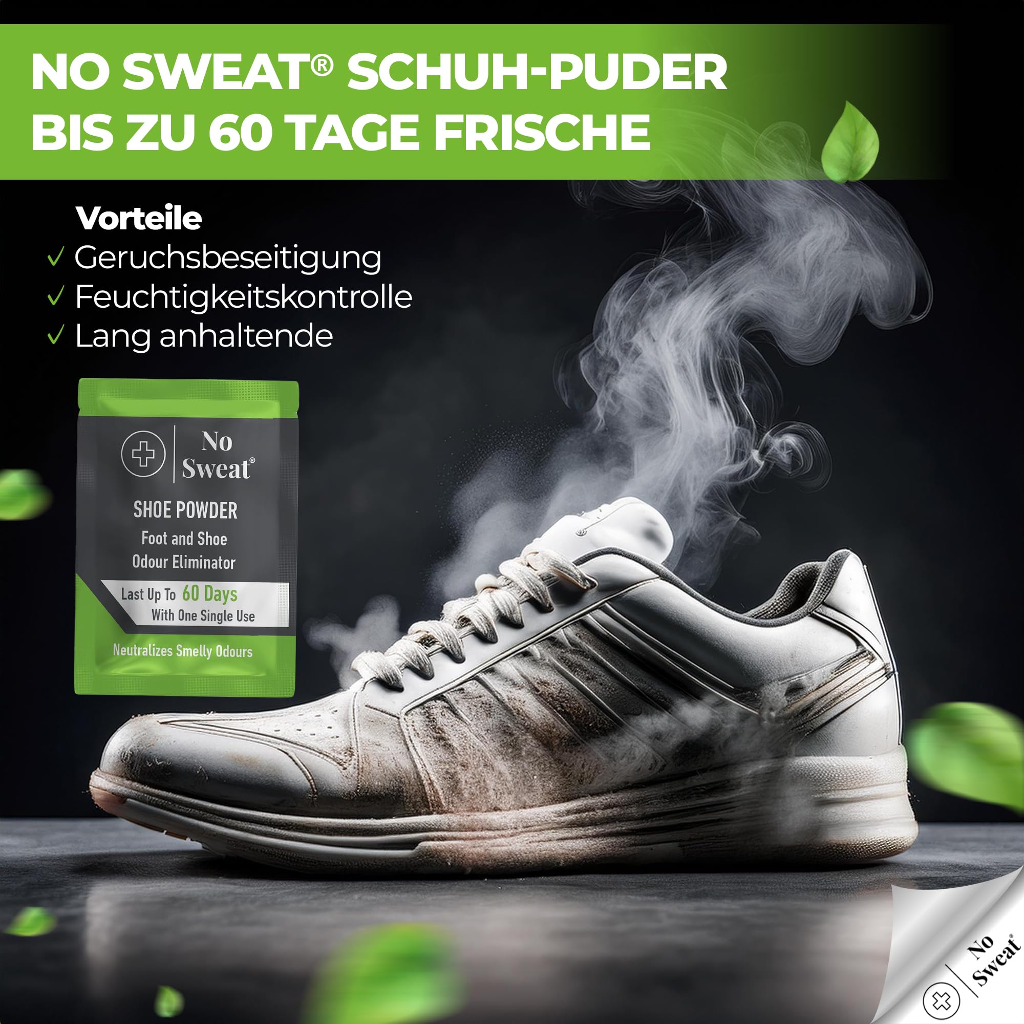 No Sweat Eliminador de olores para zapatos, forma de polvo, 10 unidades, ideal para neutralizar el olor de las botas de fútbol, en práctico set para hasta 60 días de frescura, controla la humedad