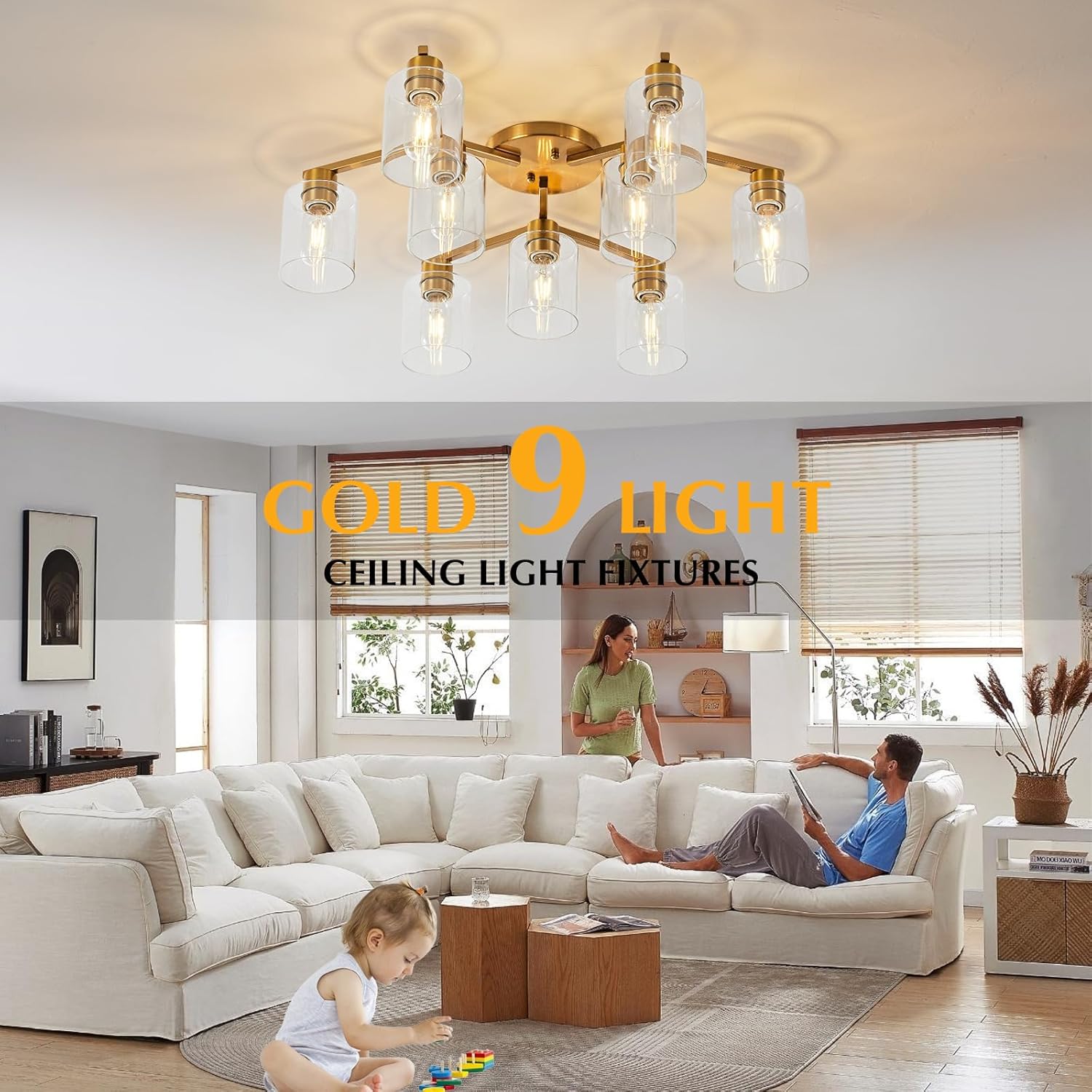 Gold 9 Light Ceiling Light for Dining Room Large Kitchen Lighting Fixtures Ceiling Brushed Gold Dining Room Lighting Fixtures Brass Living Room Light Fixture with Clear Glass Shades