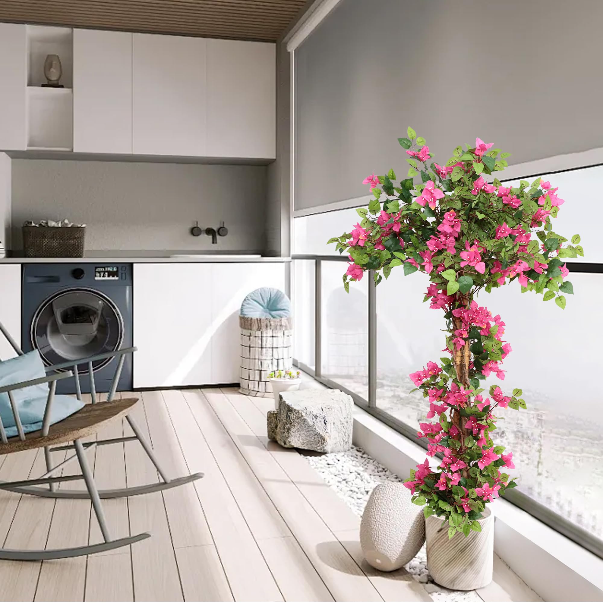 momoplant Bougainvillier artificiel dans un pot de ciment - 160 cm - Grand arbre en fleurs roses avec fleurs pour porche, maison, bureau, extérieur, jardin décoratif (1 pièce)