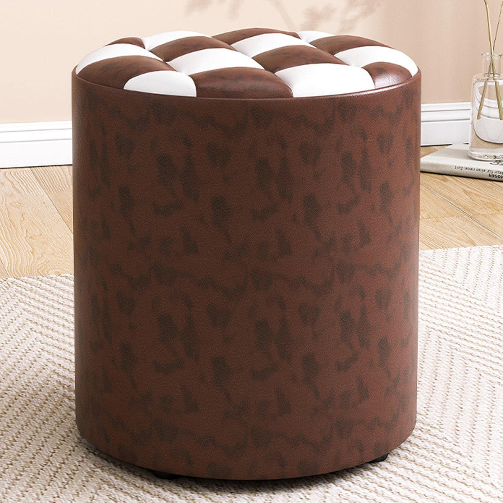 Leopard White Round Leather Footstool for Living Room and Bedroom 31x35cm