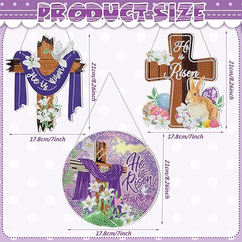 Miniatura 4 de Menkxi Juego de 3 carteles colgantes de pintura de diamante de Pascua con texto en inglés He is Risen en 5D He is resucitado (He is resucitado)