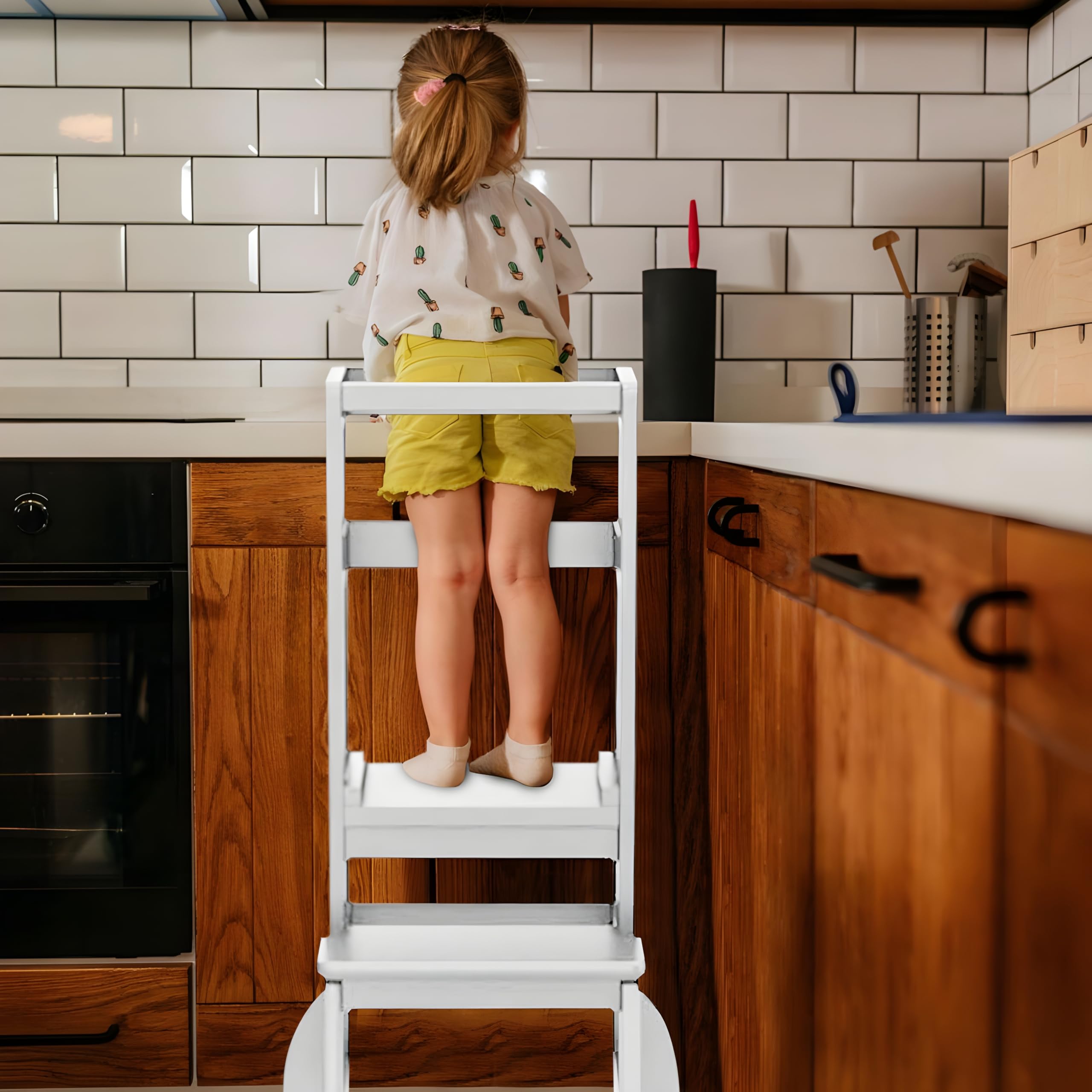 Torre Montessori per Bambini in Legno Bianco – Torre di Apprendimento Regolabile in Altezza, Sicura e Stabile, Ideale per Cucina e Bagno