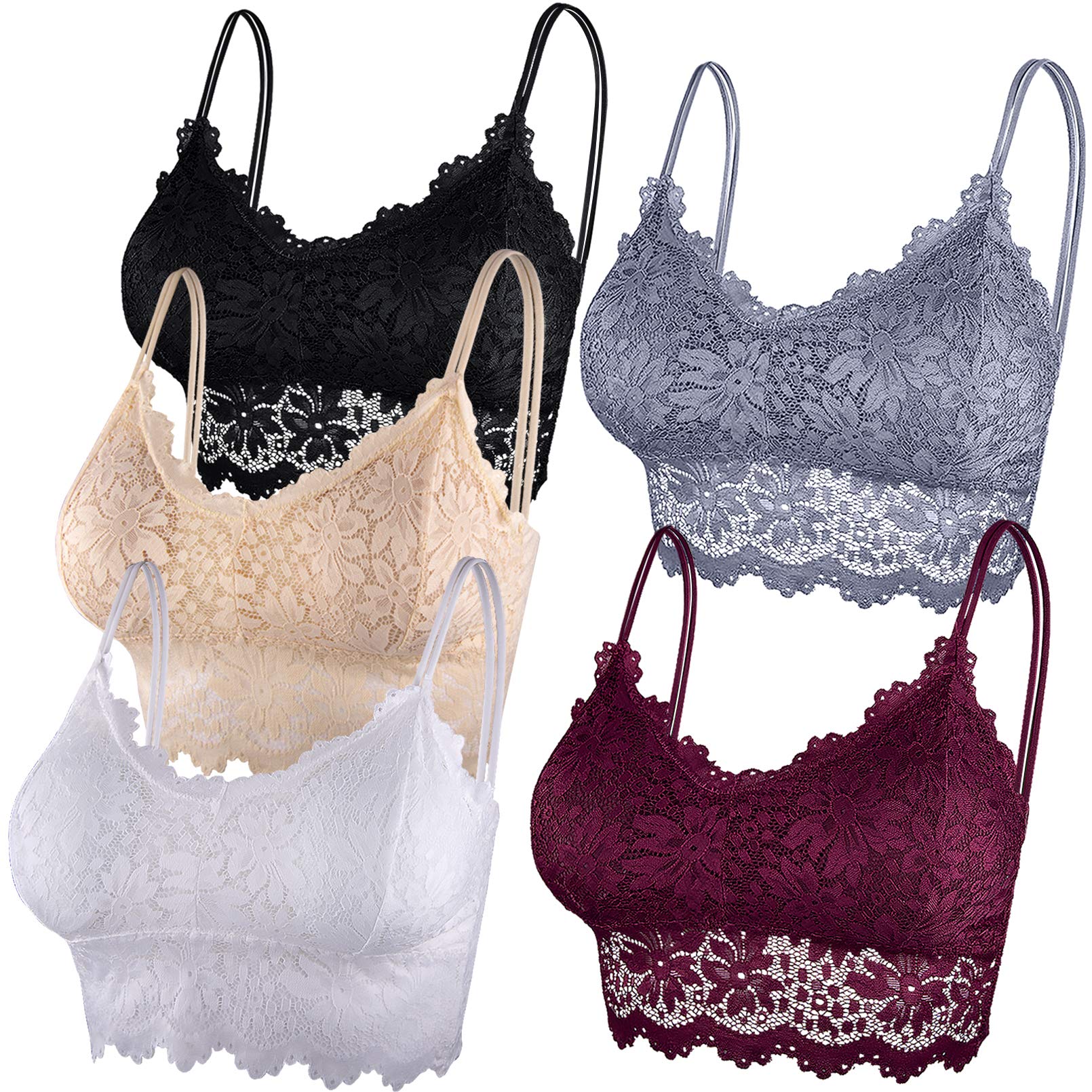 Duufin5 Pieces Bralette Lace Padded Bralette Lace Bandeau Bra Tube Bra Lace Top with Straps and Removable Pads for Women Girls