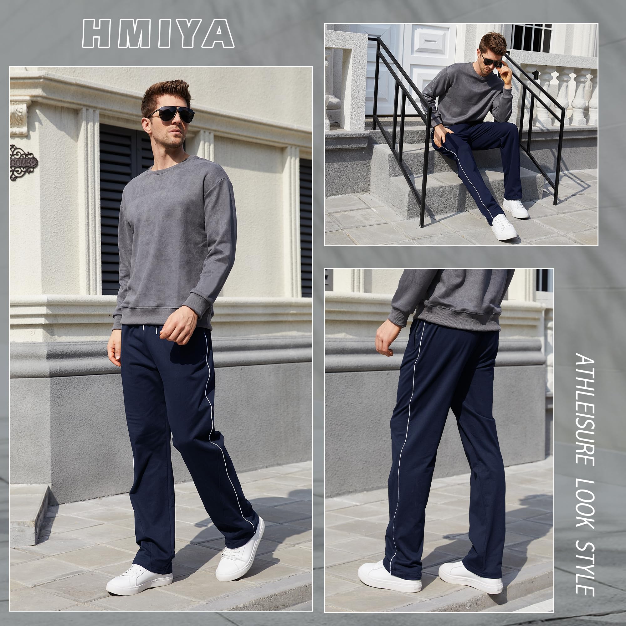 HMIYA Jogginghose Herren Baumwolle Sporthose Lange Sweathose Atmungsaktiv Freizeithose weites Bein Trainingshose mit Reißverschlusstaschen