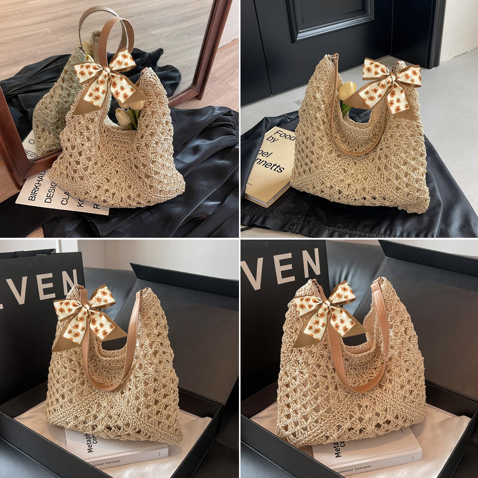 Bolsos de Paja Mujer Verano, Elegante Bolso de Mano Bohemio, Práctico Bolso de Hombro Rafia para Mujer, Bolsos Tejidos Crochet, Tote Bag Para Viaje Fiesta Vacaciones (Beige)