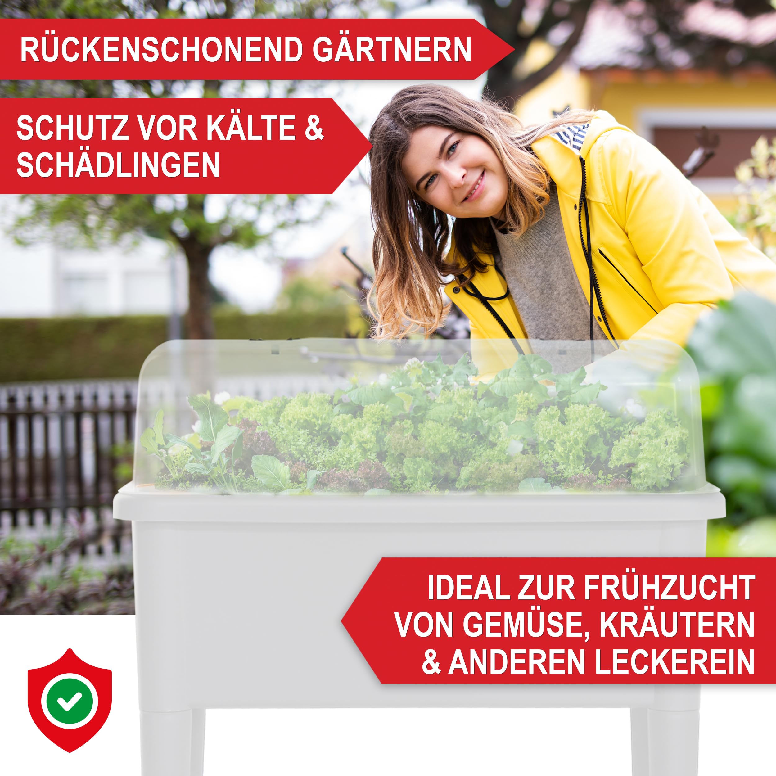 Onbest Hochbeet/Frühbeet – mit Abdeckhaube/Wasseranzeige – aus robustem Kunststoff – ideal für Garten/Terrasse/Balkon – Kräuterhochbeet zur Anzucht – Pflanzkasten inkl. Gartenwerkzeug (Weiß)