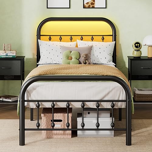 WLIVE Marco de cama individual, marcos de cama de tamaño individual con luces LED y estación de carga, marco de cama de metal con cabecero, no