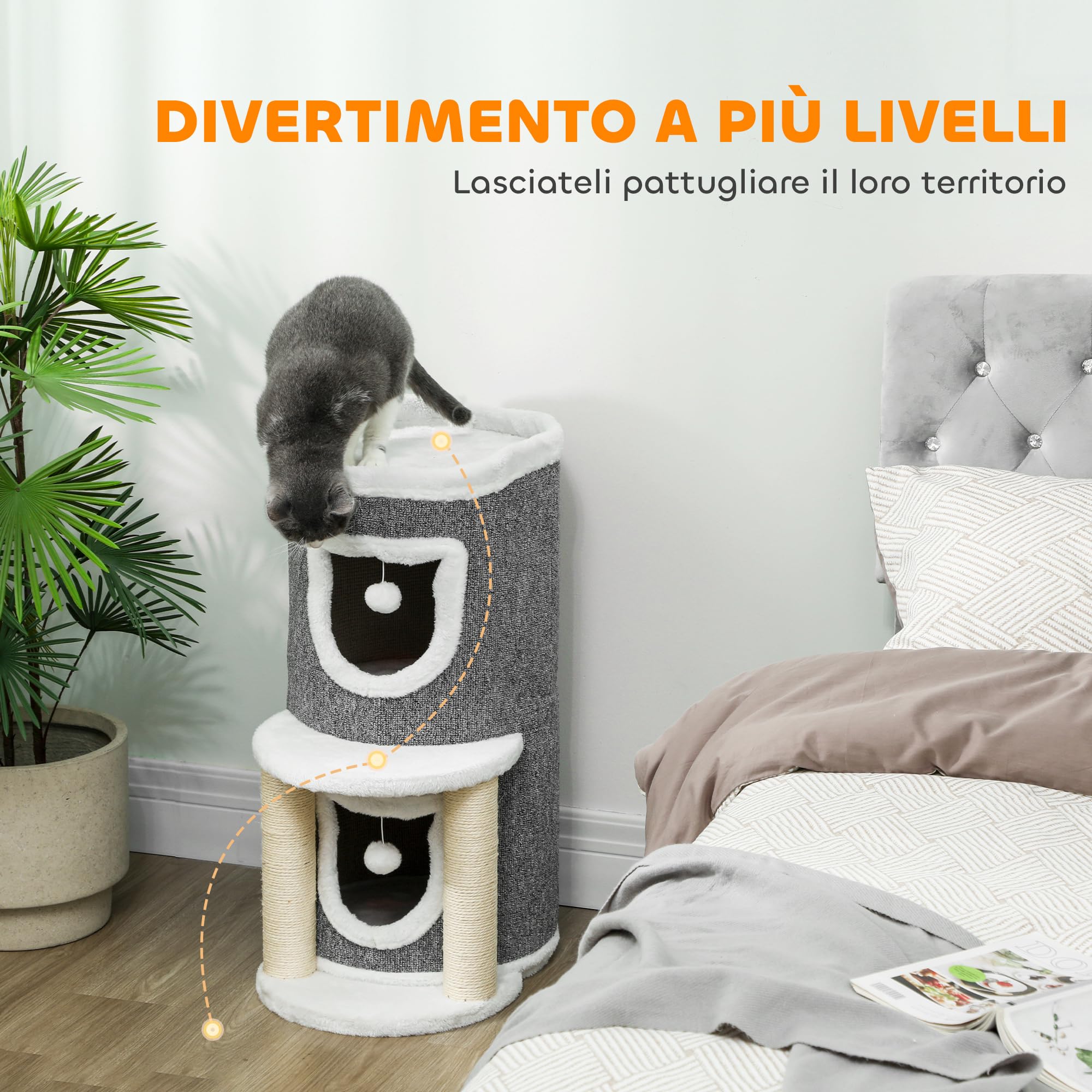 PawHut Albero Tiragraffi per Gatti Alto 76 cm Torre a Cilindro Grigio | per Gattini, con Casette, Lettino Superiore, Palline, Pali in Sisal