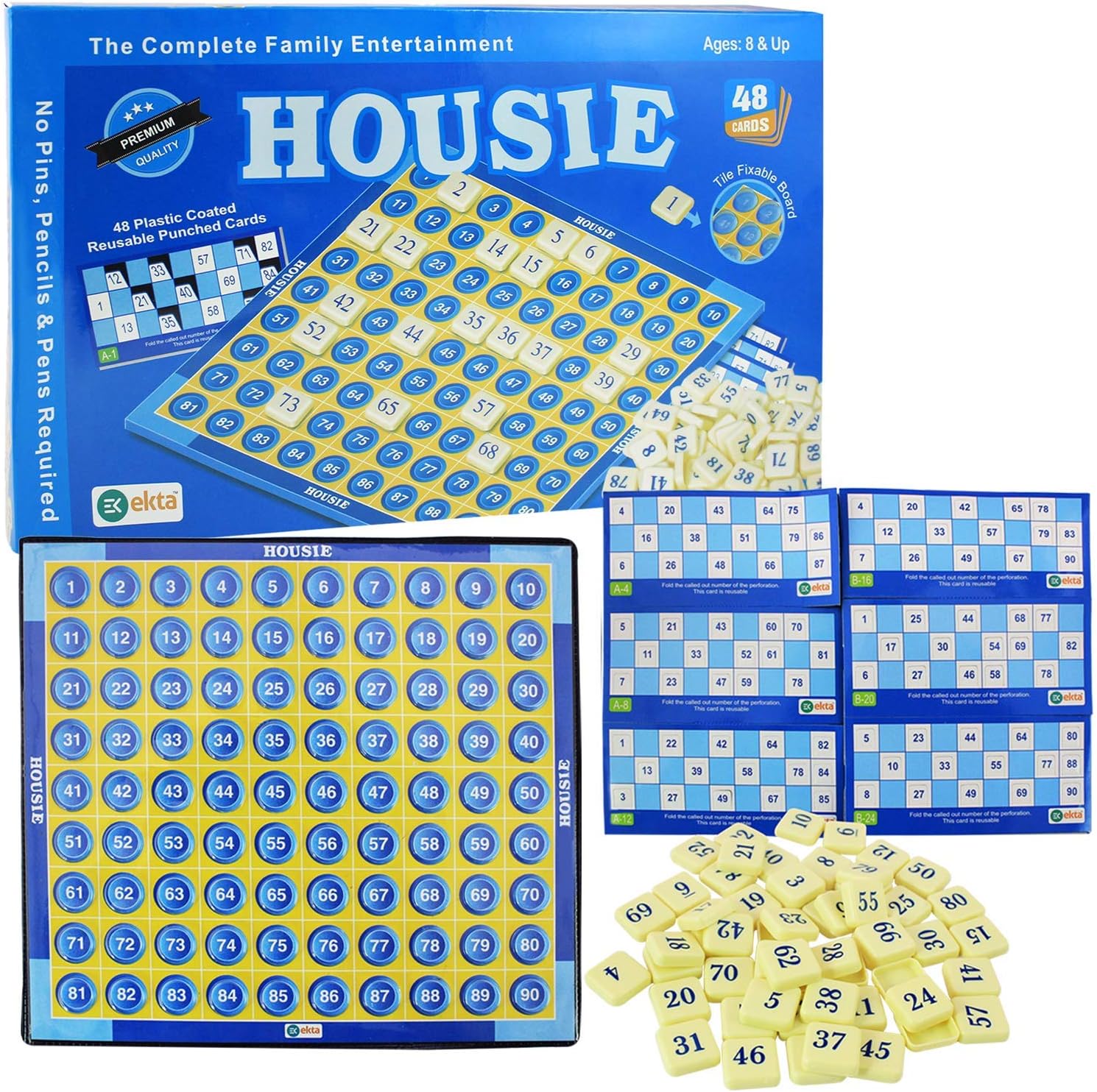 EKTA Housie 48 Reusable Cards & Tile Fixable Board Game (Multicolour)