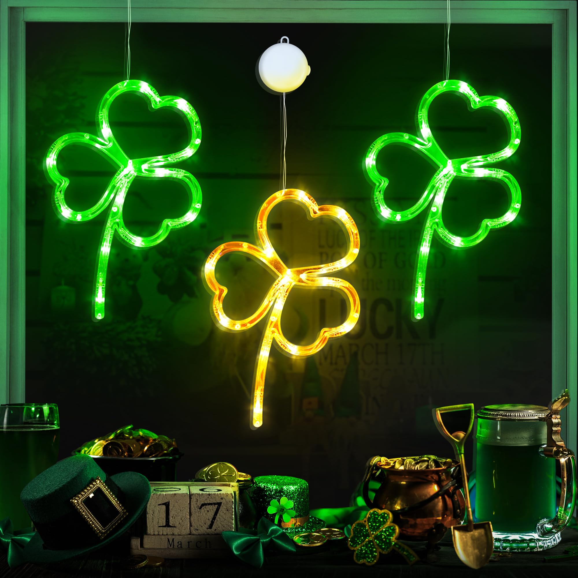 Kleeblatt Lichterkette Timer 2er-Set Frühlingsdeko LED-Fensterlichter Mit Timer – Kleeblatt-Motiv, Batteriebetrieben, Wasserdicht