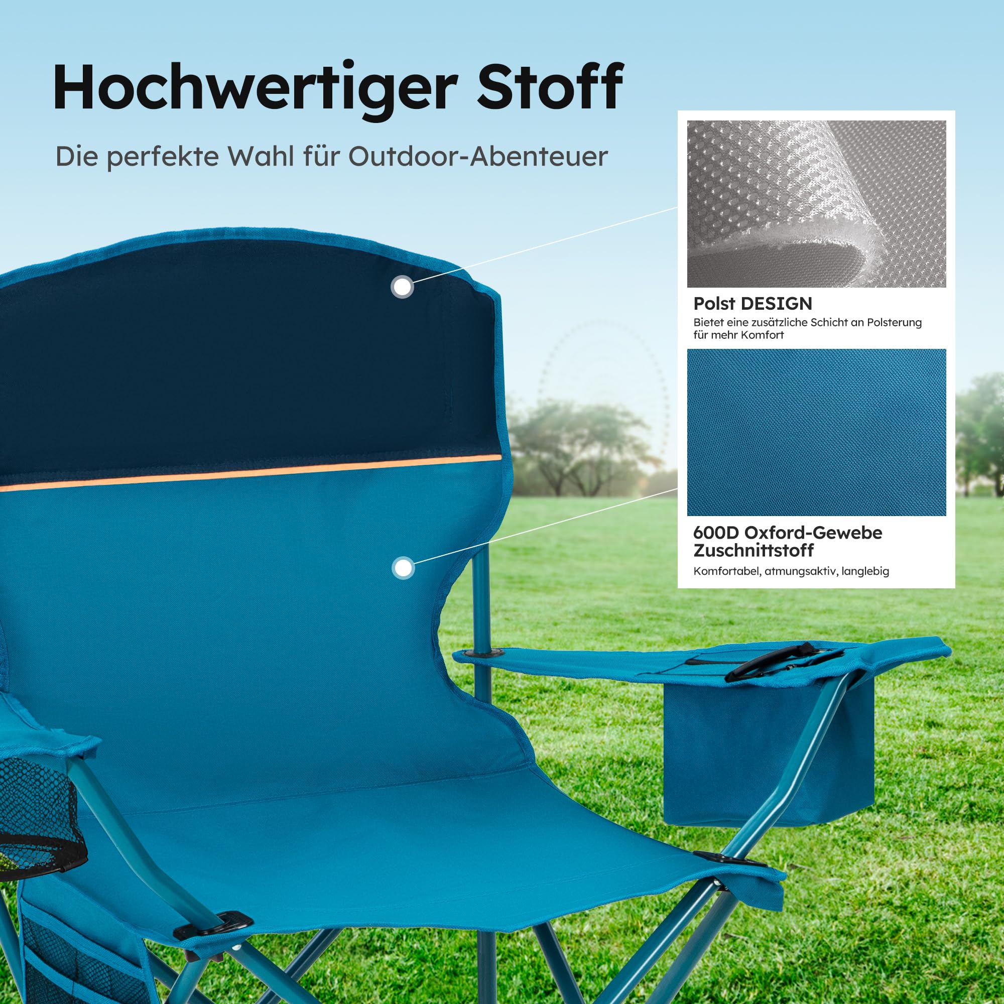 HIGH Point SPORTS – Juego de 2 sillas de camping plegables con bolsa isotérmica, bolsa de almacenamiento, silla de pesca plegable hasta 120 kg, silla de camping al aire libre con portavasos, azul