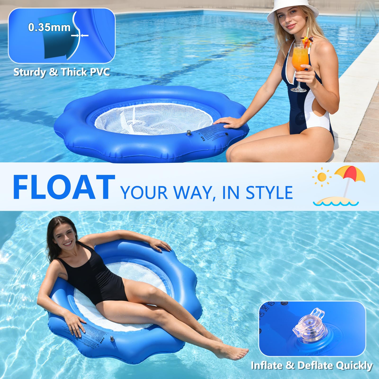 Flotteurs de piscine gonflables pour adultes, flottants de piscine robustes pour adultes avec gonflage rapide, confortable pour piscine, transat, hamac flottant pour plage, lac, fête aquatique