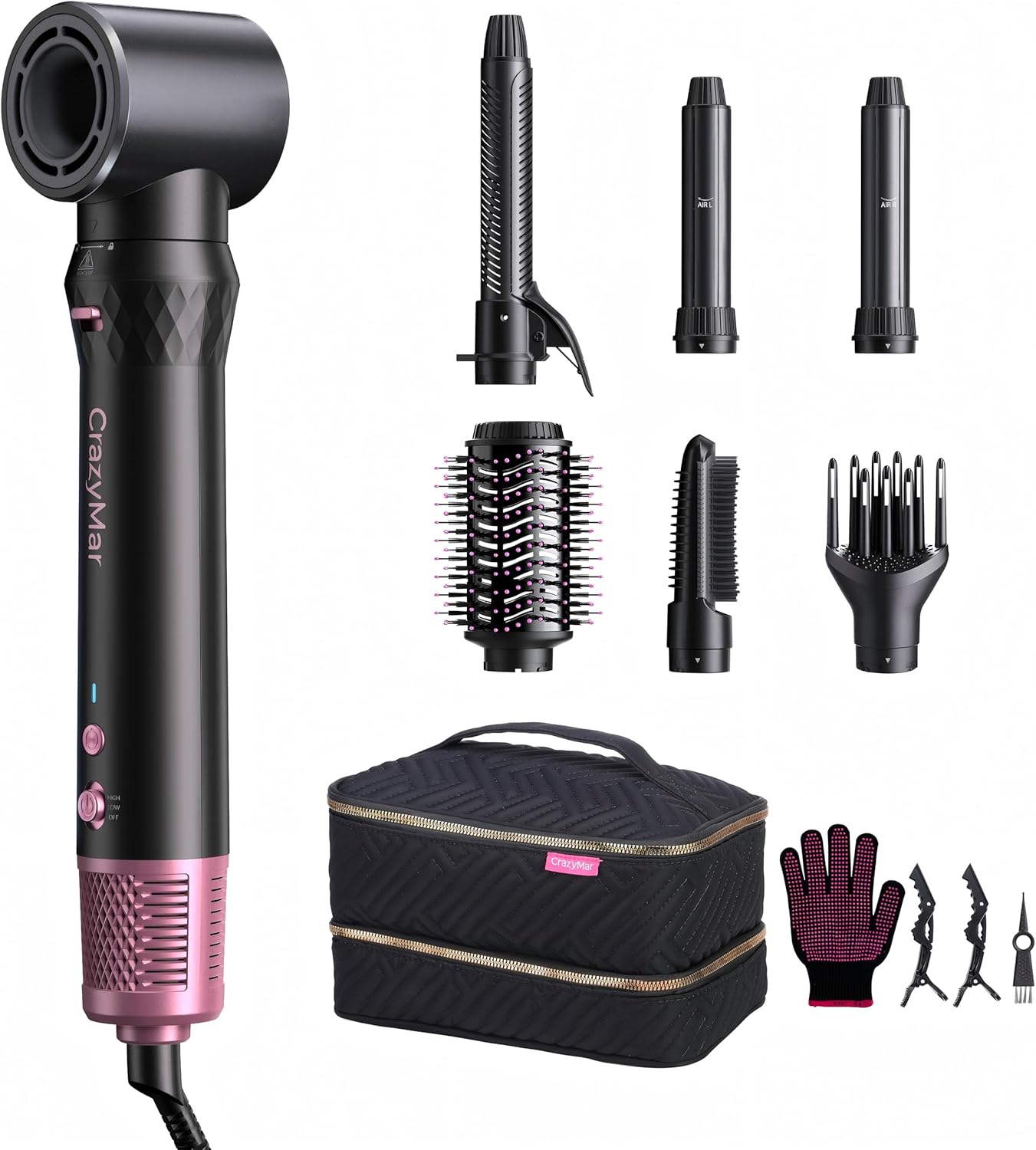Product image of CrazyMar Rundbürstenföhn,7-in-1 Airstyler,Ionen Föhn & Lockenstab,110.000 U/min Warmluftbürste,Professioneller Hairstyler,Lockenstab Automatisch,Glätteisen,Zum Styling,Volumisieren,Locken und Glätten