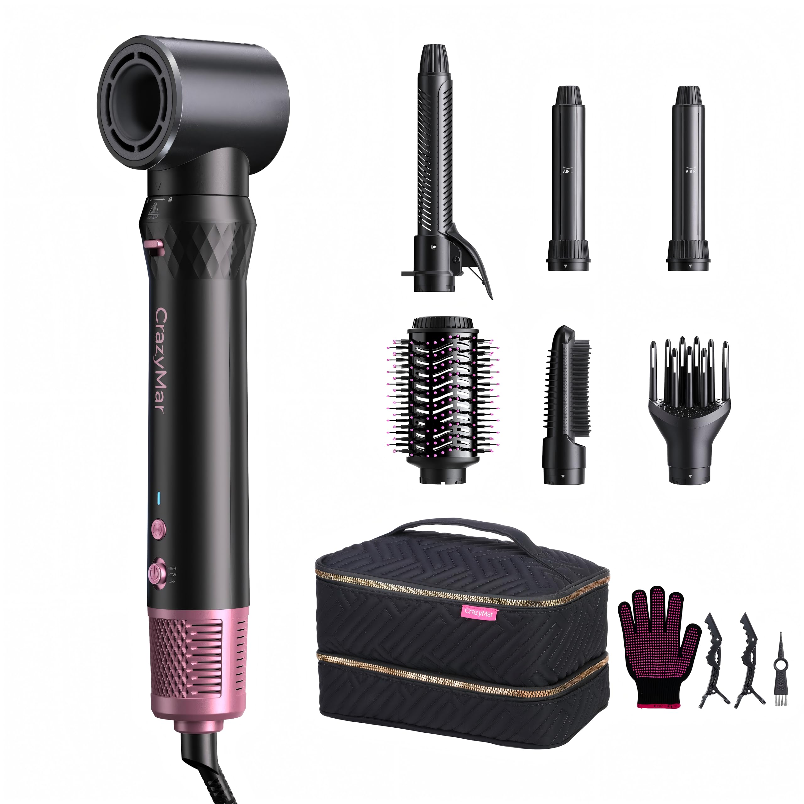 CrazyMar Rundbürstenföhn,7-in-1 Airstyler,Ionen Föhn & Lockenstab,110.000 U/min Warmluftbürste,Professioneller Hairstyler,Lockenstab Automatisch,Glätteisen,Zum Styling,Volumisieren,Locken und Glätten