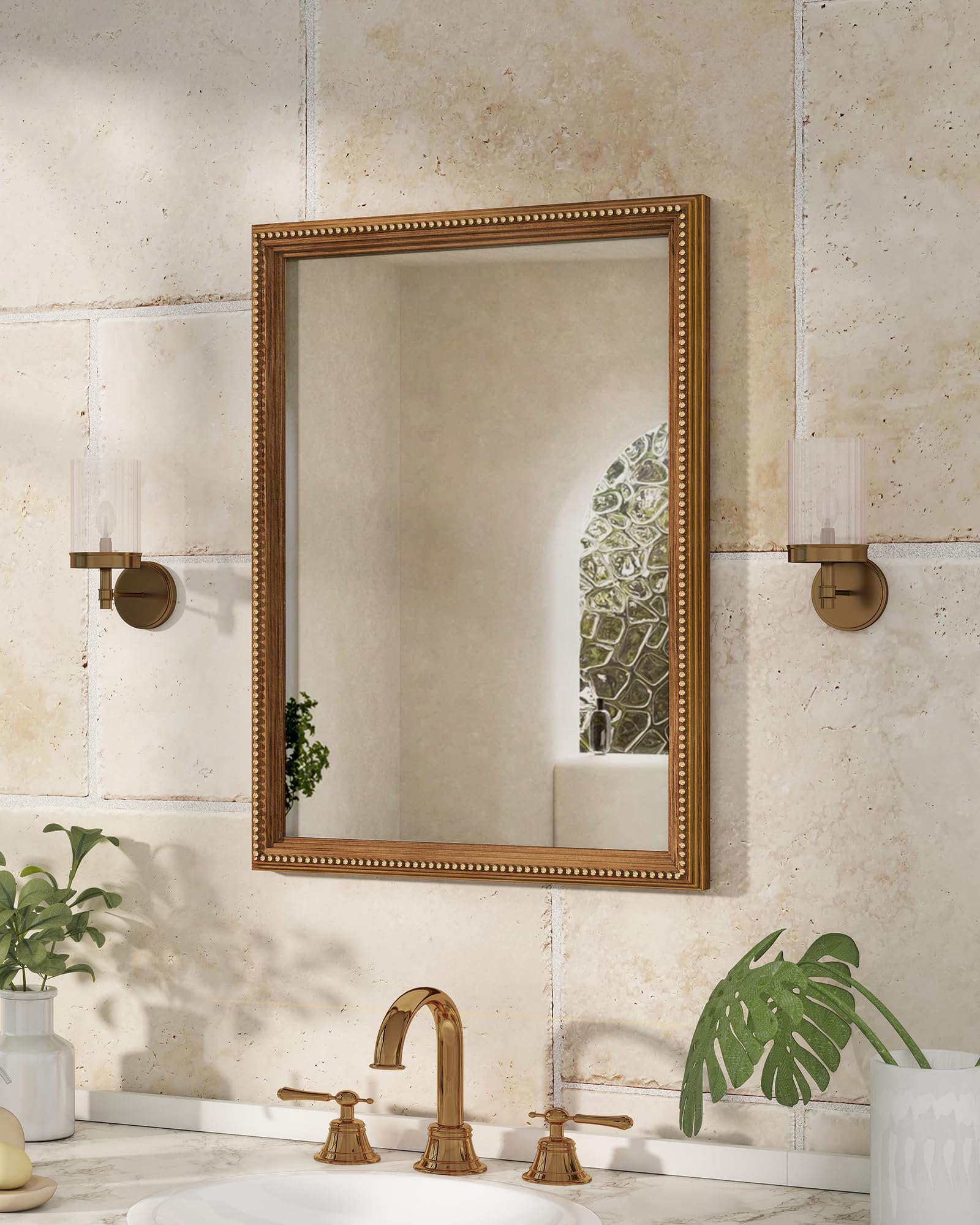 Axeman Espejo de pared de madera de 22 x 30 pulgadas, espejo de baño rústico, espejo vintage montado en la pared de vidrio templado con marco de madera con cuentas para sala de estar, tocador,