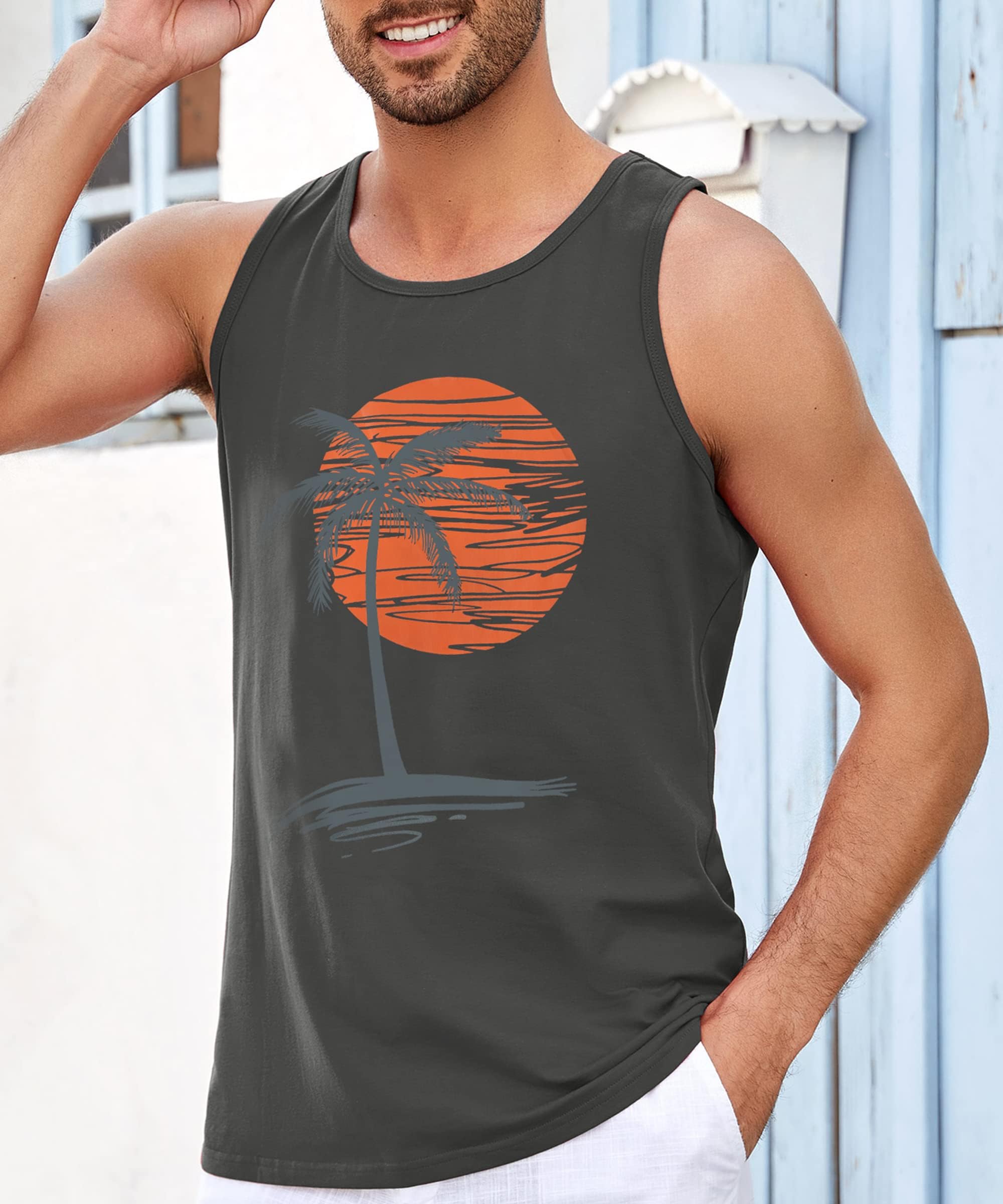 Runcati Camiseta de tirantes estampada para hombre, sin mangas, para deporte, fitness, gimnasio, entrenamiento, camiseta interior de algodón, transpirable, para culturismo