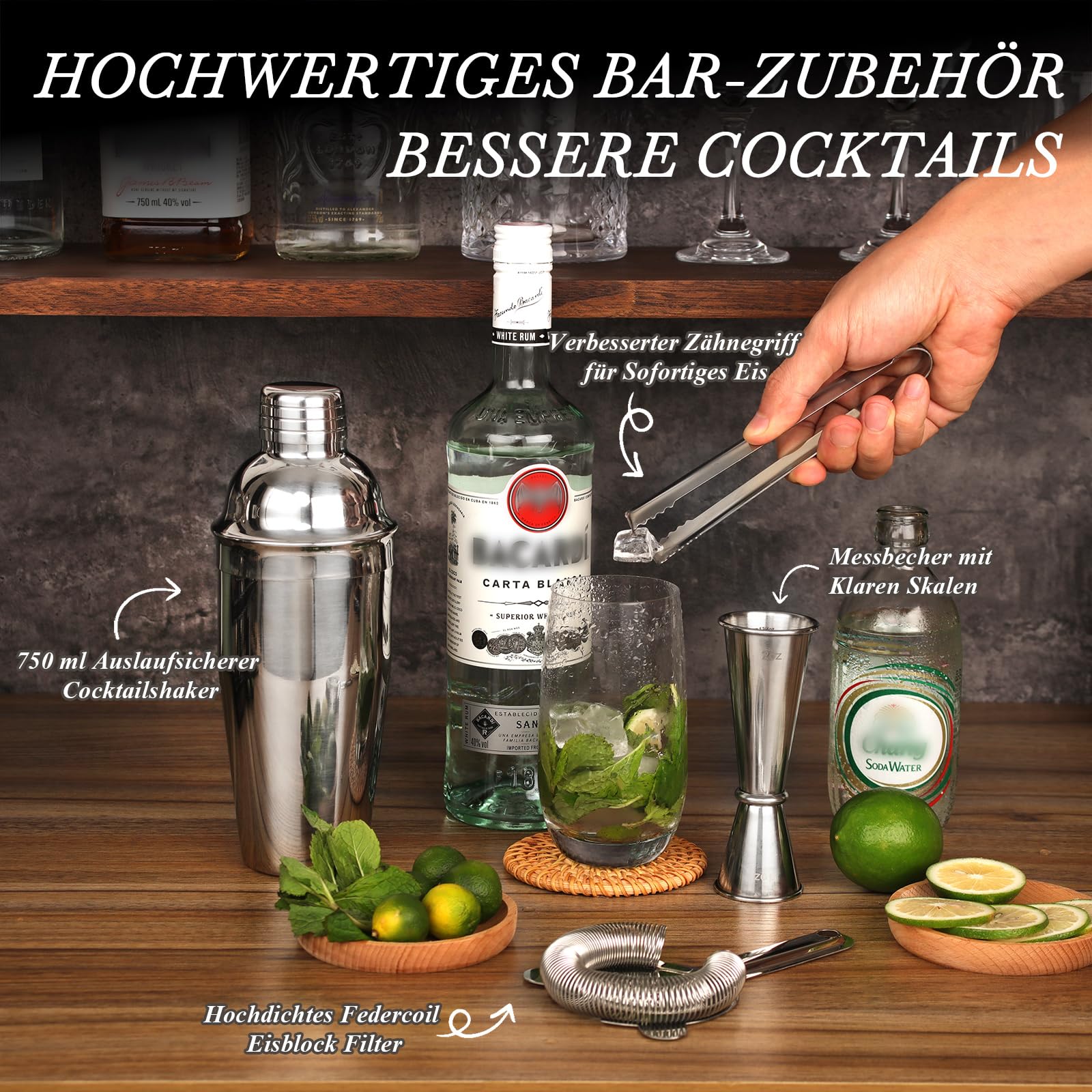 20-teiliges Cocktail Shaker Set mit Stand, 750ml Shaker Edelstahl Cocktail Set für die Hausbar, Profi Cocktail Maschine Barkeeper Set mit Bar Zubehör & Rezeptbuch, Ideales Geschenkset (Silber)