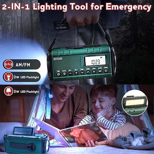 Miniatura 3 de Radio de emergencia NOAA de alerta meteorológica con energía solar y manivela de mano USB-C carga portátil radio AMFM 3W, lámpara de lectura,