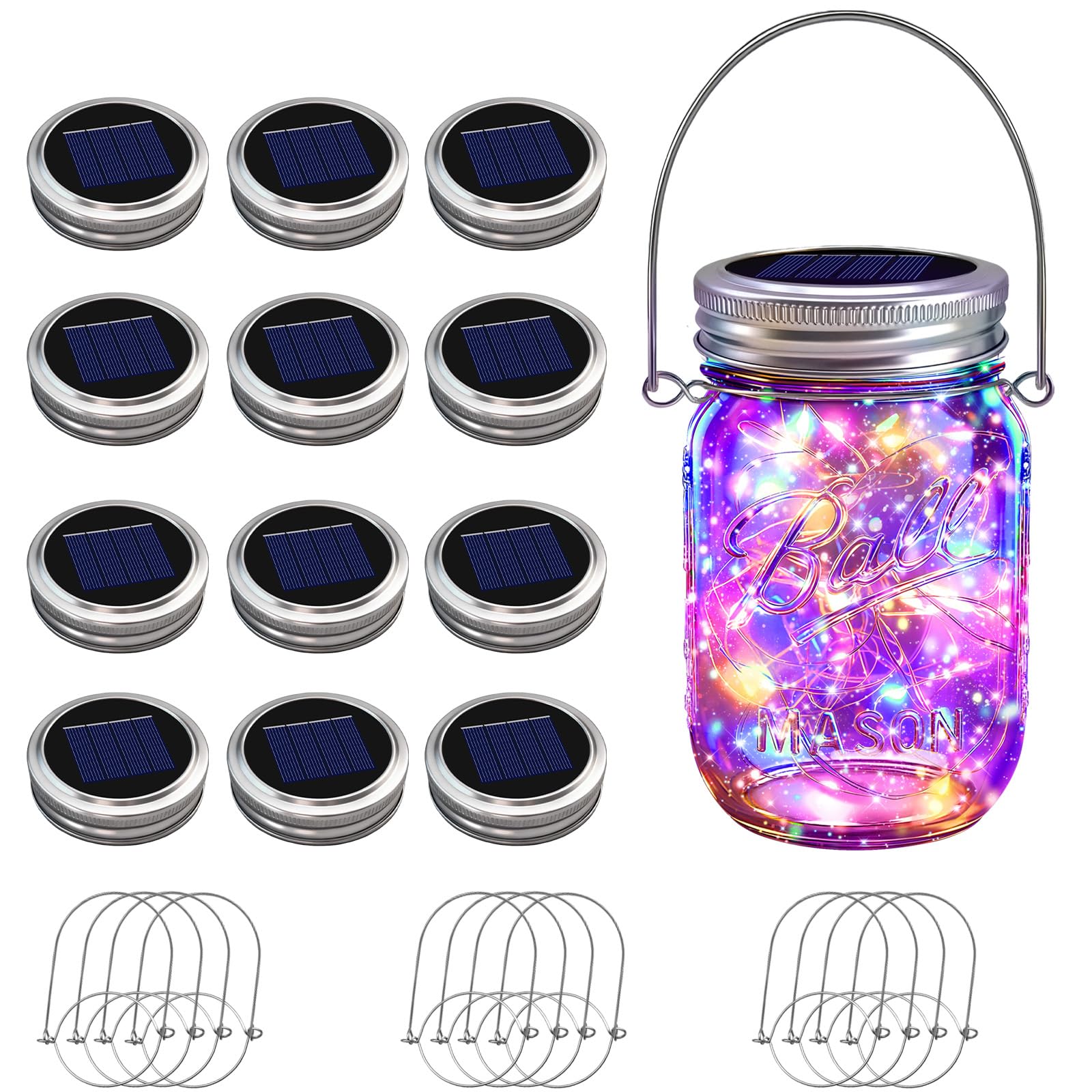 VOOKRY Lot de 12 guirlandes lumineuses solaires pour bocaux Mason - 30 LED - Étanche - Avec 12 crochets (sans bocaux) - Pour extérieur, terrasse, jardin, cour, pelouse, fête, mariage - Multicolore