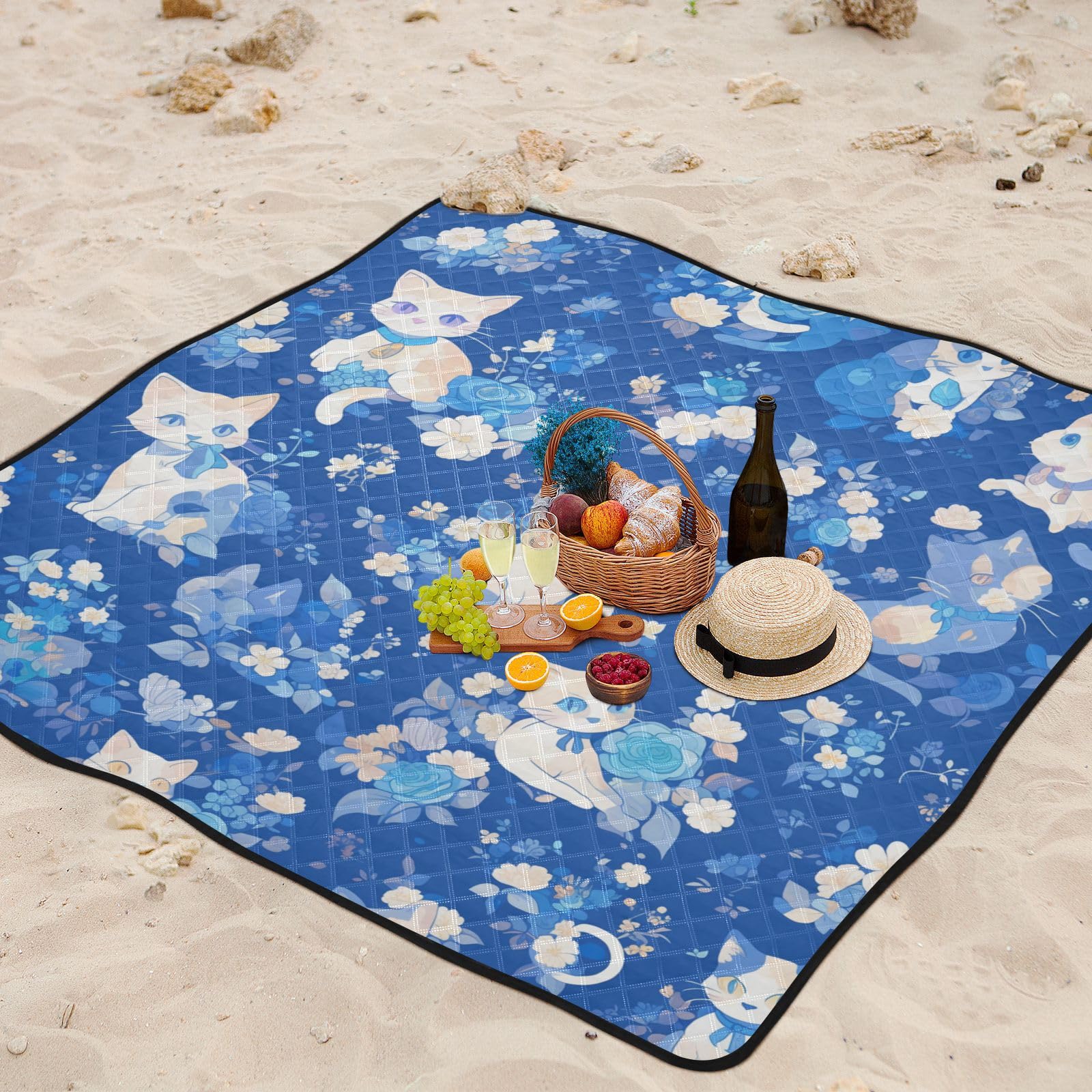 Kreskówka uroczy biały kotek koce piknikowe duże piaskowo-plaża składana mata dla dorosłych