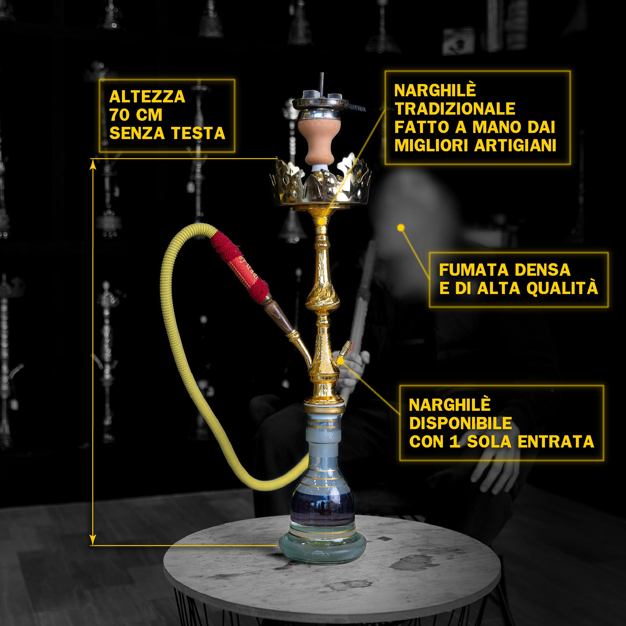 Shisha Tradicional Narmer 70 cm | Cachimba Artesanal con Tubo de Cuero, Cabezal de Terracota, Gestor de Calor y Porta Carbón Dorado Incluido