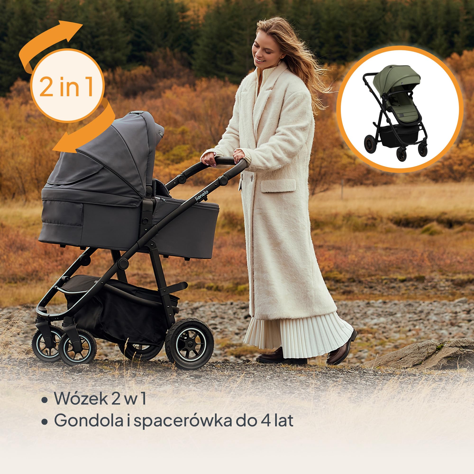 LIONELO AMBER PLUS 2 w 1 Spacerowy Wózek Dziecięcy od 0 do 4 lat do 22kg z Gondolą XL, Regulacja Oparcia, 5 Punktowe Pasy Duże Terenowe Koła 360o Budka XXL Amortyzacja Spacerówka (Zielony)
