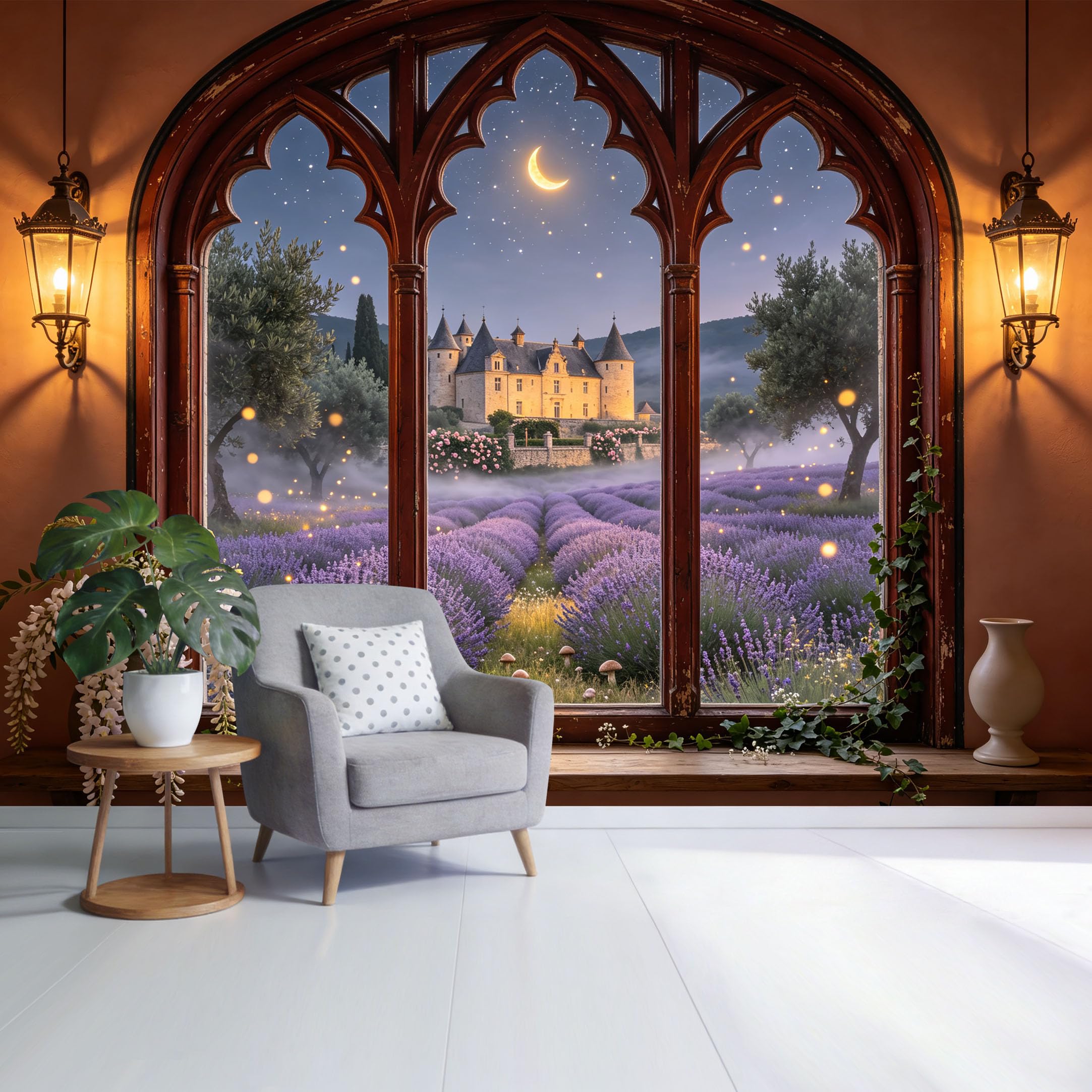 Custom Size Wall Mural Romantic Provence Lavender Field Castle Landscape 3D Trompe L'Oeil Removable Self Adhesive Fabric，Home Wall Decor for Living Room Bedroom Bathroom