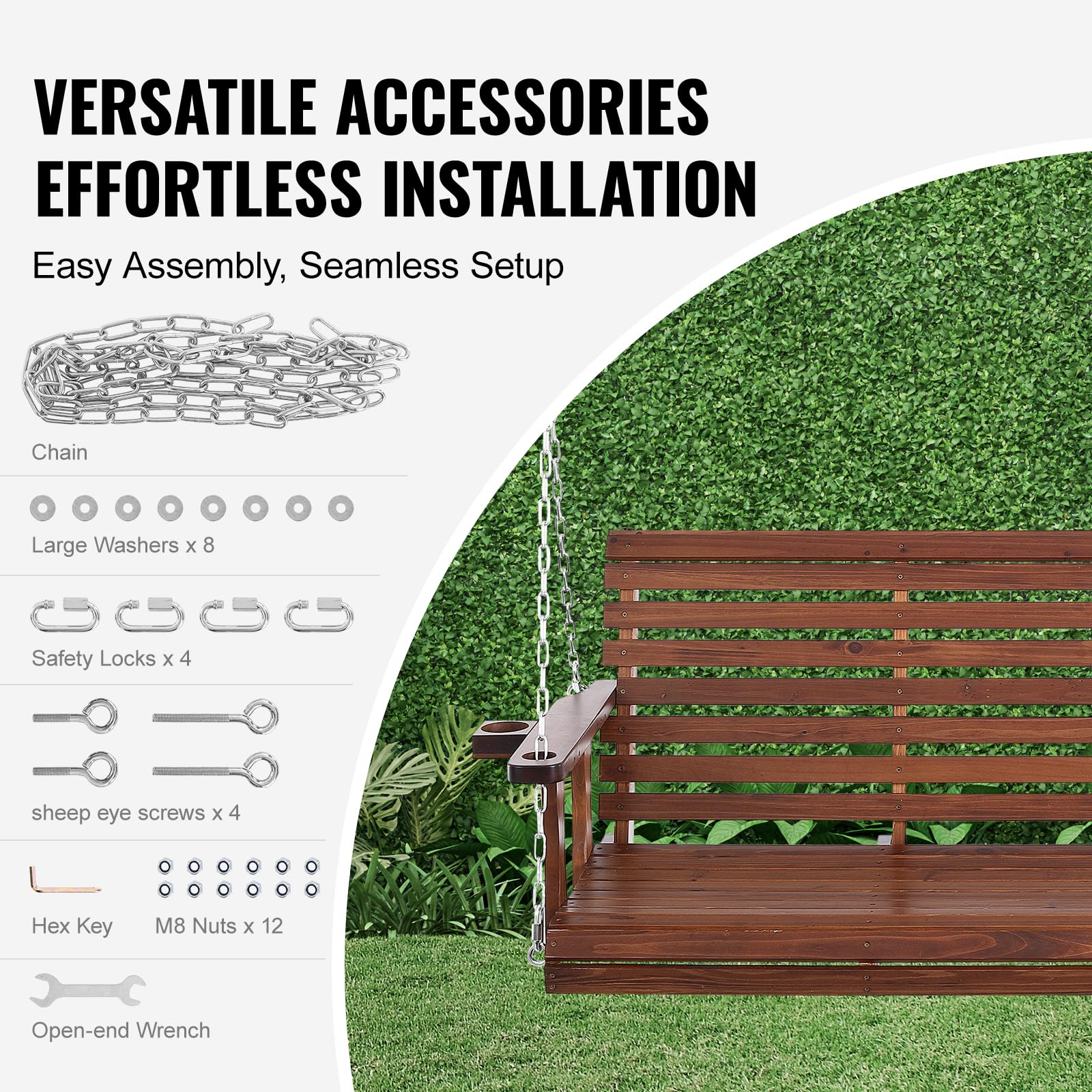 VEVOR Columpio de Madera para Porche 170x71x60cm, Columpio de Banco para Patio y Jardín, Capacidad de Carga Fuerte Mejorada de 880 Libras, Banco de Silla con Cadenas Colgantes para Exteriores, Marrón