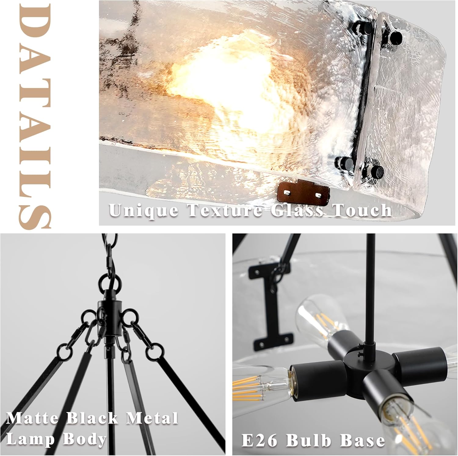 Water Textured Glass Drum Chandelier,22" Round Modern Chandeliers for Dining Room Light Fixture Luxury Hanging Farmhouse Black Glass Pendant Light for Entryway Foyer Living Room Kitchen